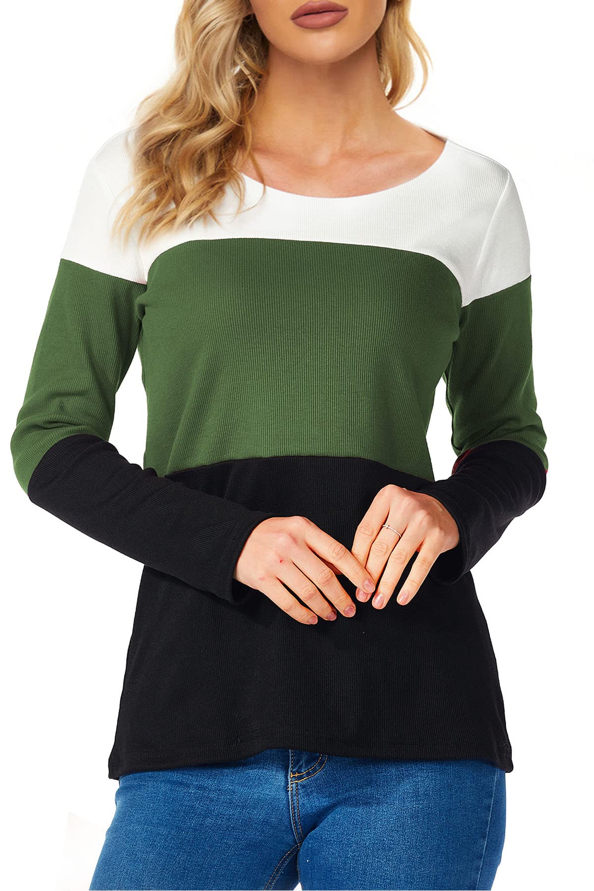 Womens Color Block Loose Long/Short Sleeve T Shirts Casual Comfy Tops