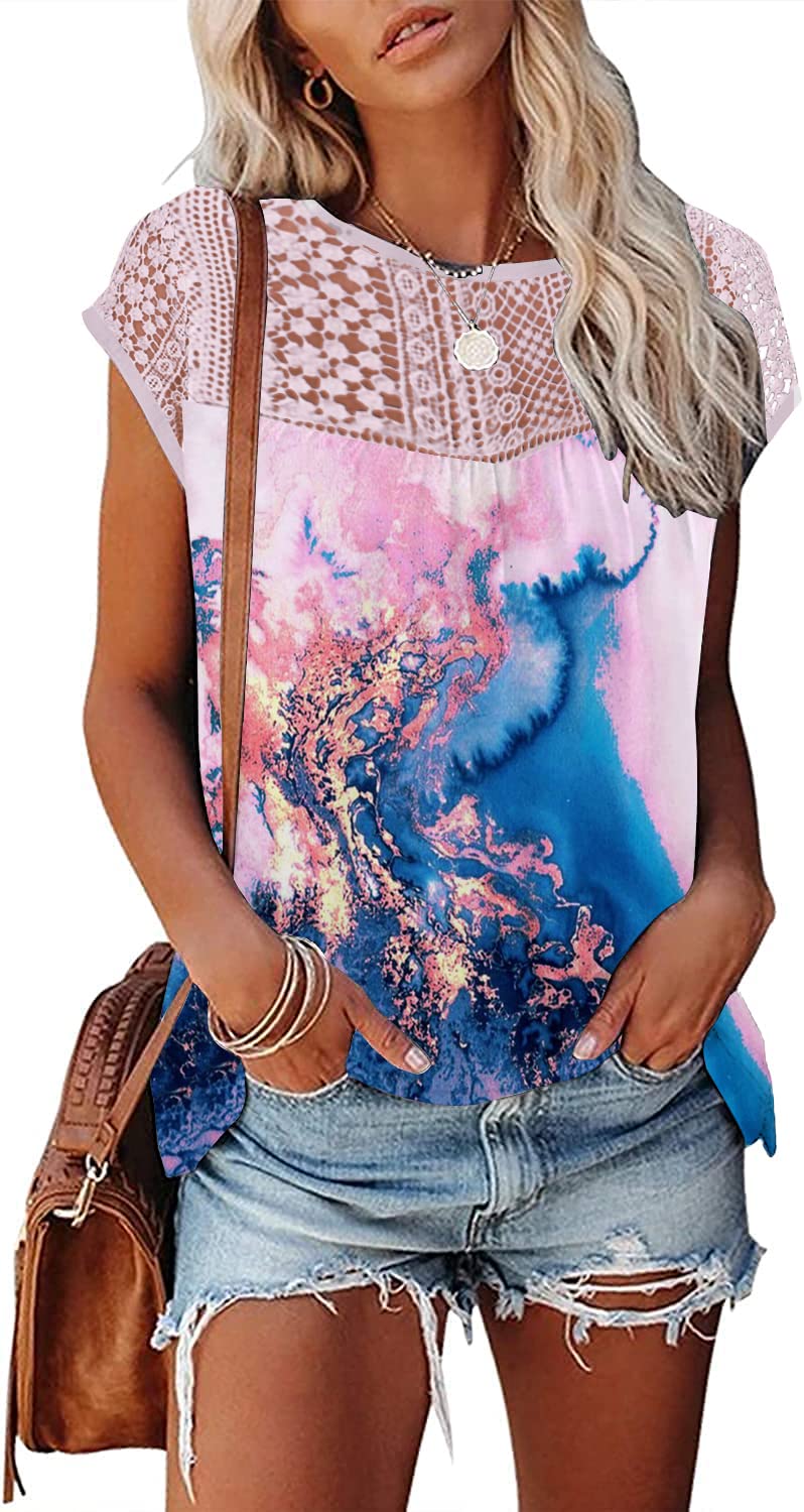 Womens Cap Sleeve Tops 2024 Trendy Floral Print Summer Tops Loose Fit Lace T Shirts Blouses