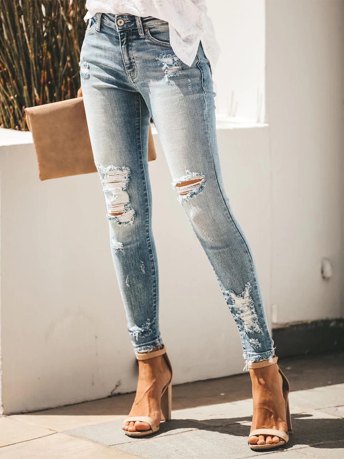 Women's Ripped Skinny Jeans Distressed Stretchy Denim Pants