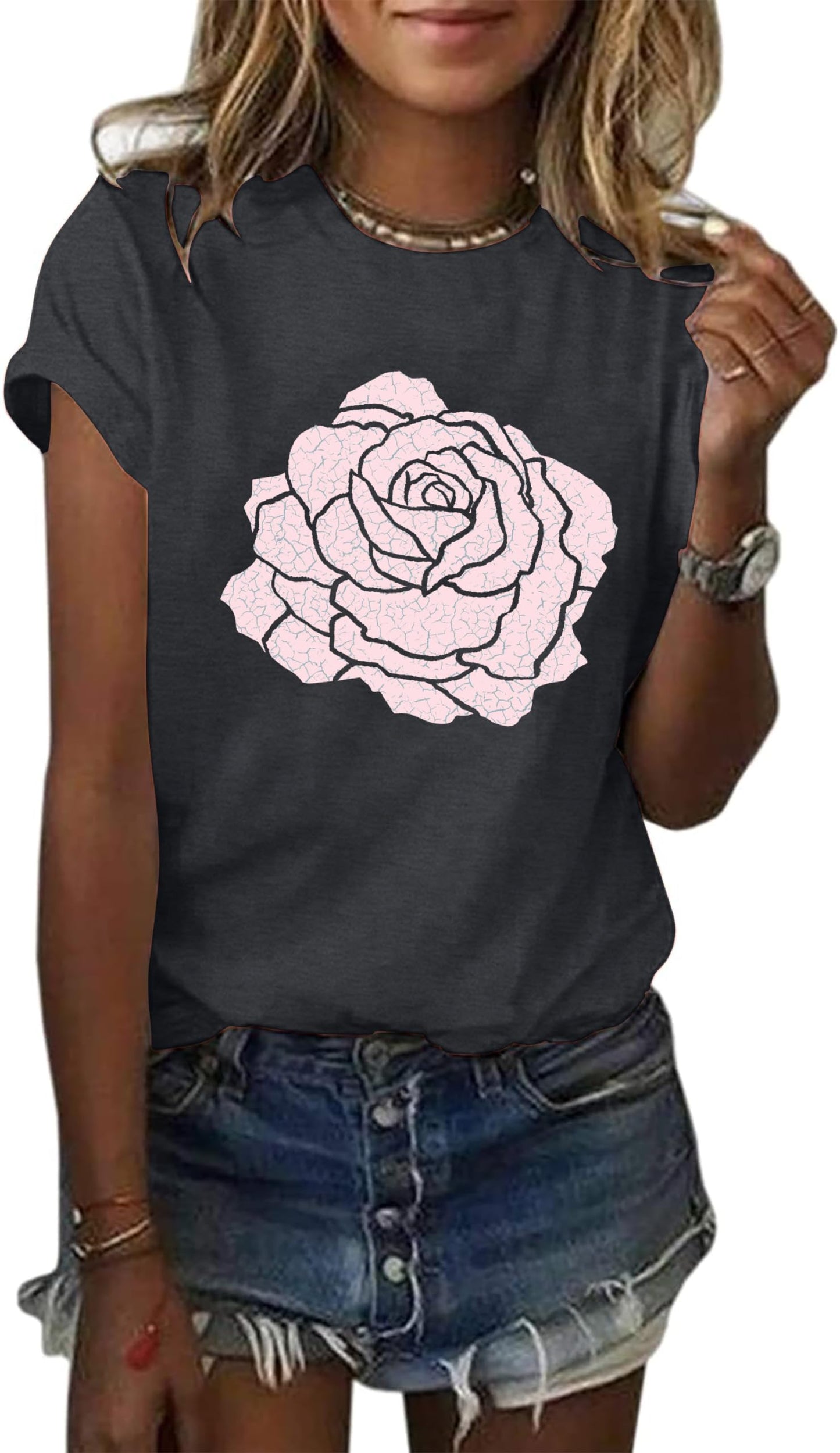 Rose Shirt for Women Flower Graphic Tee Vintage Roses T Shirts Women Loose Fit Rose Tops Short Sleeve