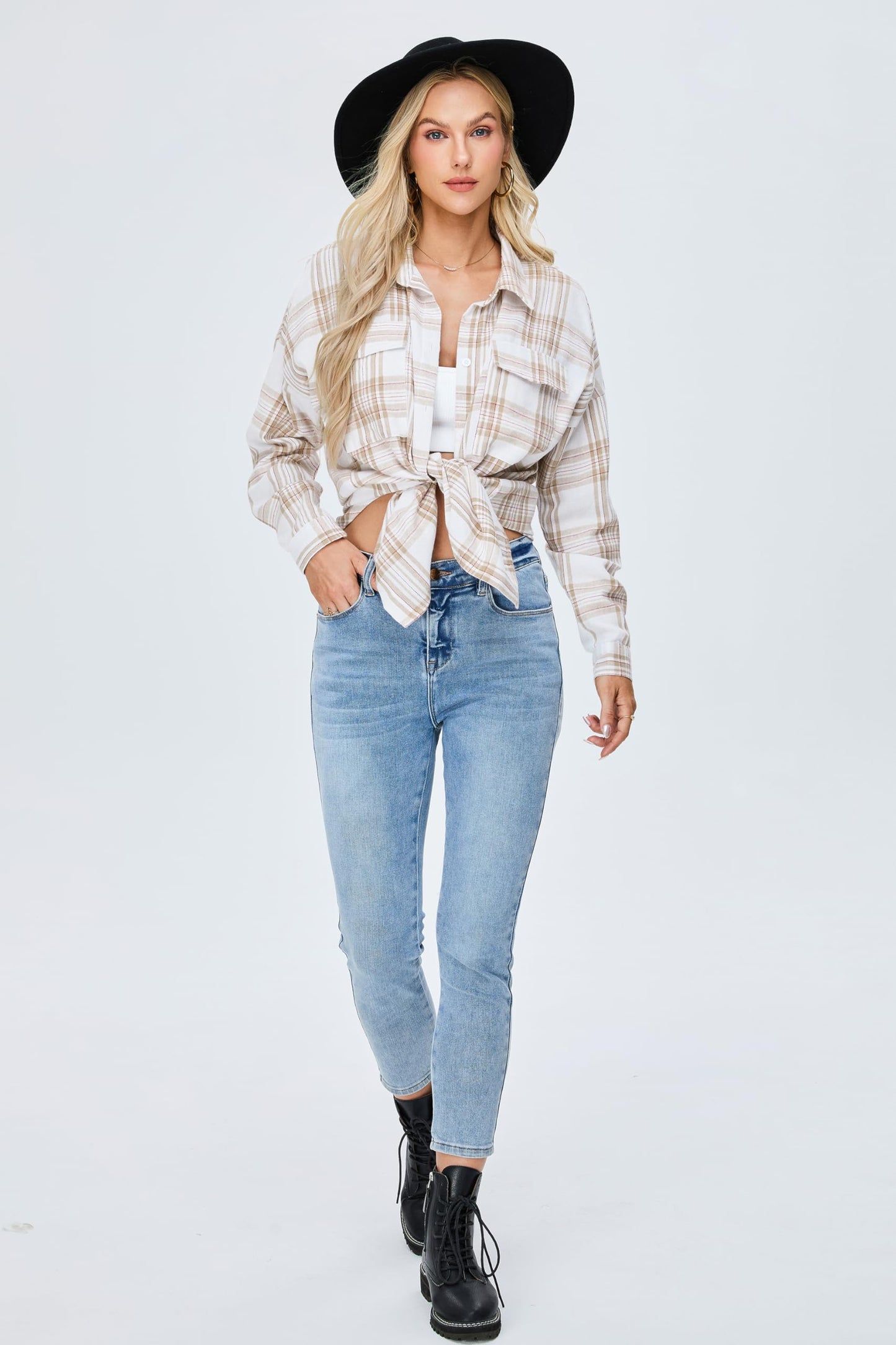 Women's Button Down Flannel Shirts Plaid Shacket Long Sleeve Collared Business Casual Tops Work Blouses