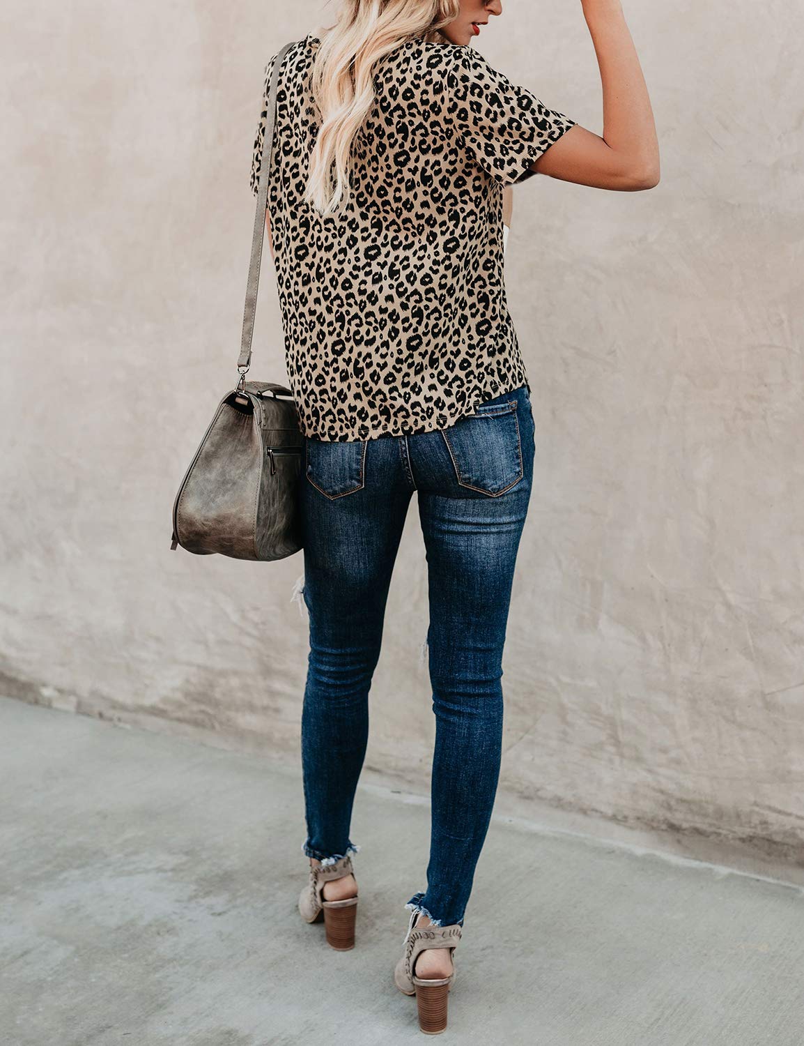 Womens Leopard Print Tops Short Sleeve Round Neck Casual T Shirts Tees