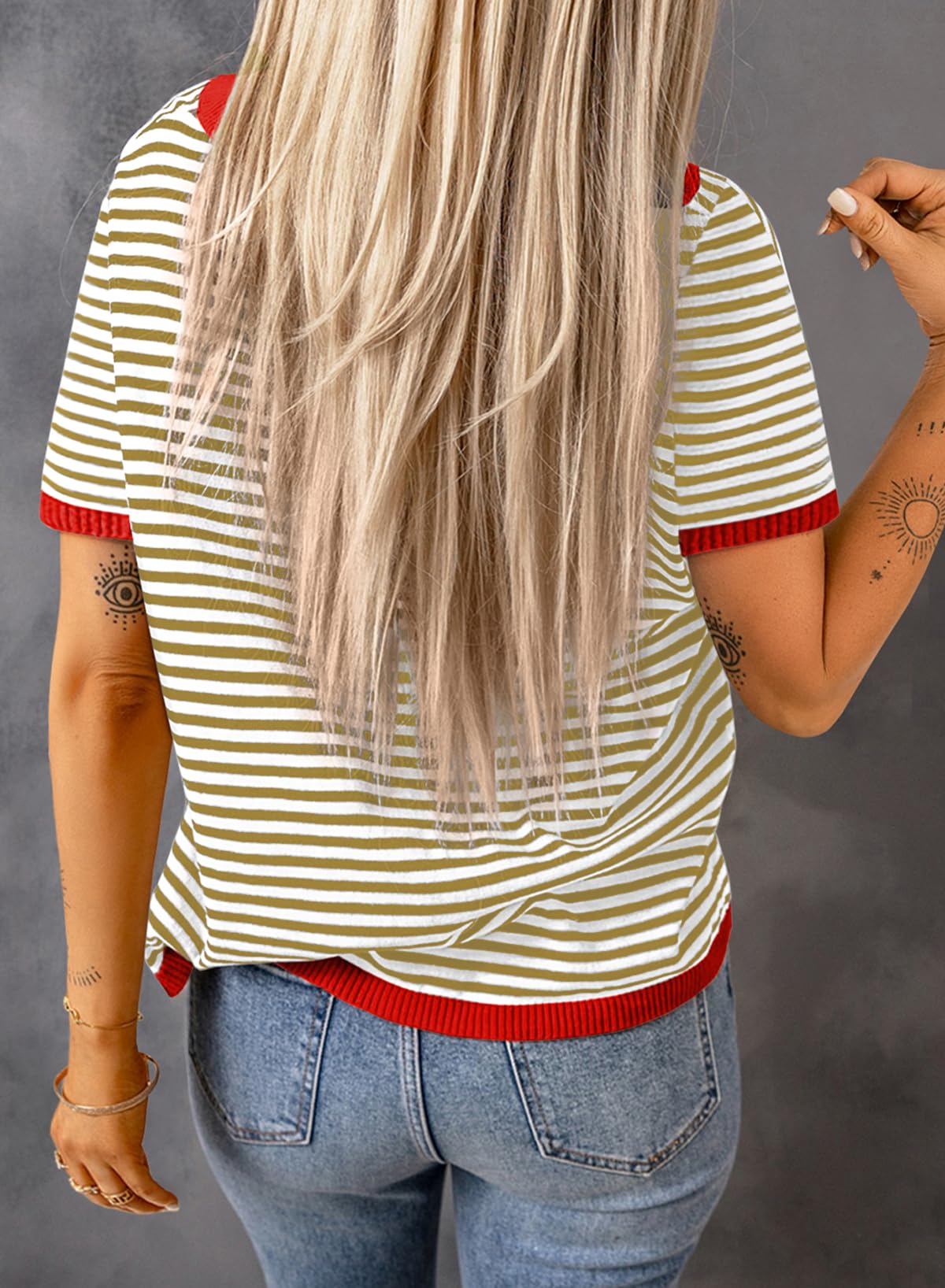 Womens Tops CasualCrewneck Short Sleeve Striped Color Block Knit Trendy Pullover Sweaters