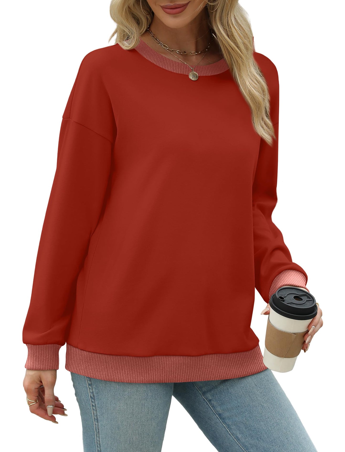 Sweatshirts for Women Crewneck Long Sleeve Loose Fit Tops Color Block Ribbed Trim Fashion