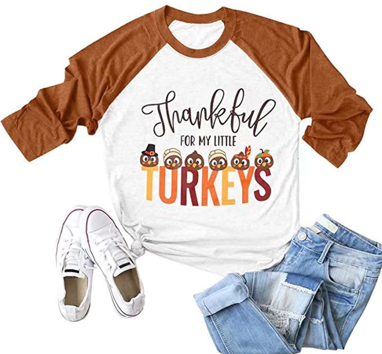 Thankful for My Little Turkeys Shirt Women Thanksgiving Tshirt Cute Graphic Raglan 3/4 Sleeve Baseball Tee Tops