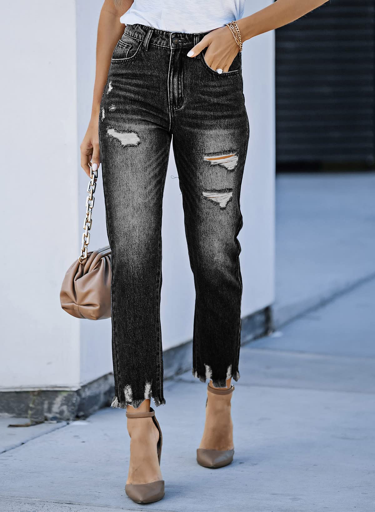 Women's Ripped Jeans Straight Leg Distressed Boyfriend Denim Pants
