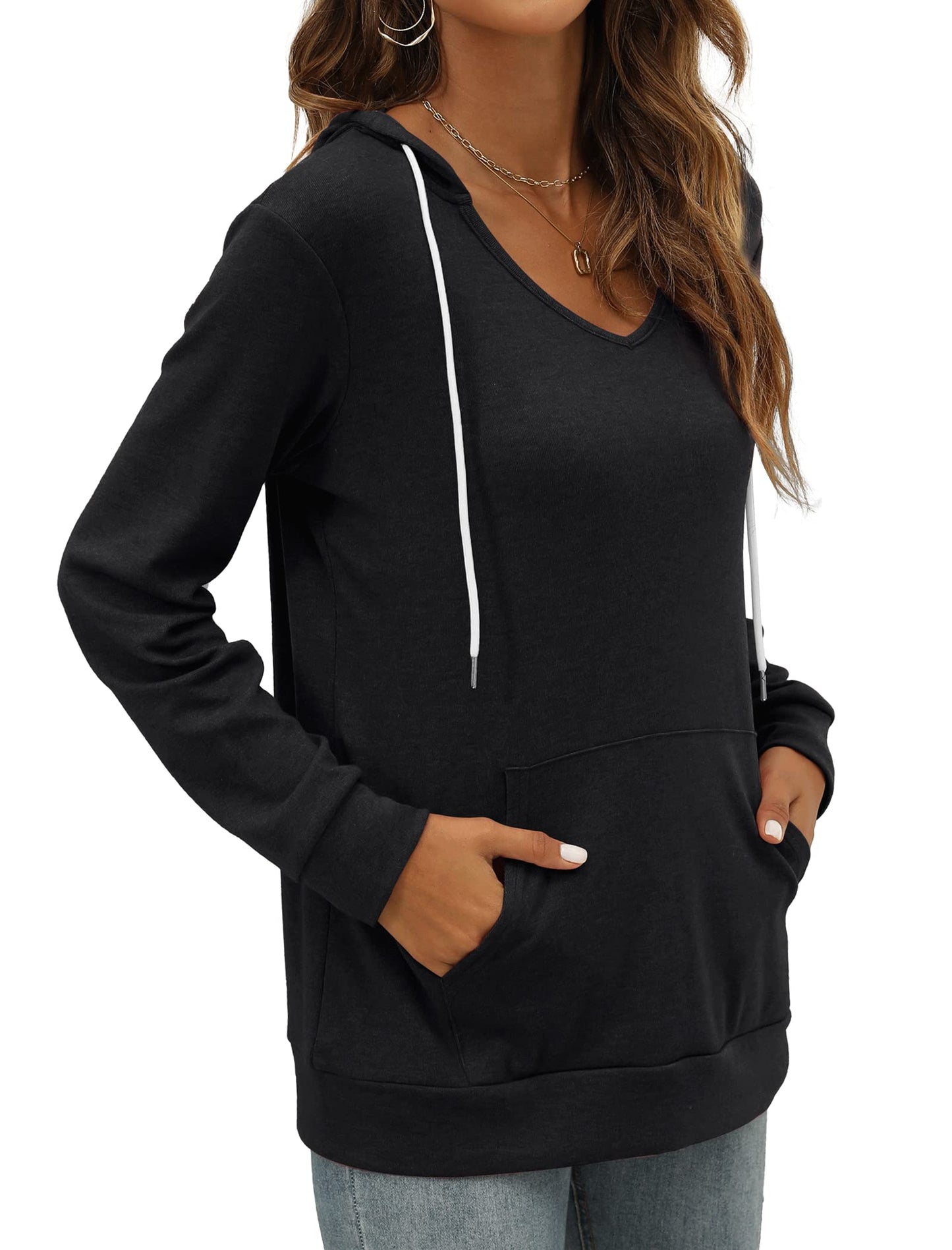 Pocket Hoodies for Womens V Neck Lightweight Sweatshirts Long Sleeve Tops