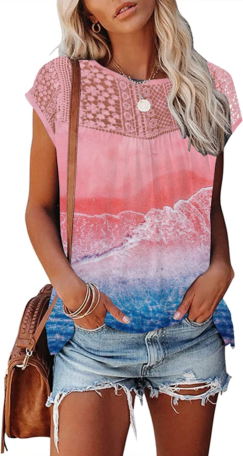 Womens Cap Sleeve Tops 2024 Trendy Floral Print Summer Tops Loose Fit Lace T Shirts Blouses