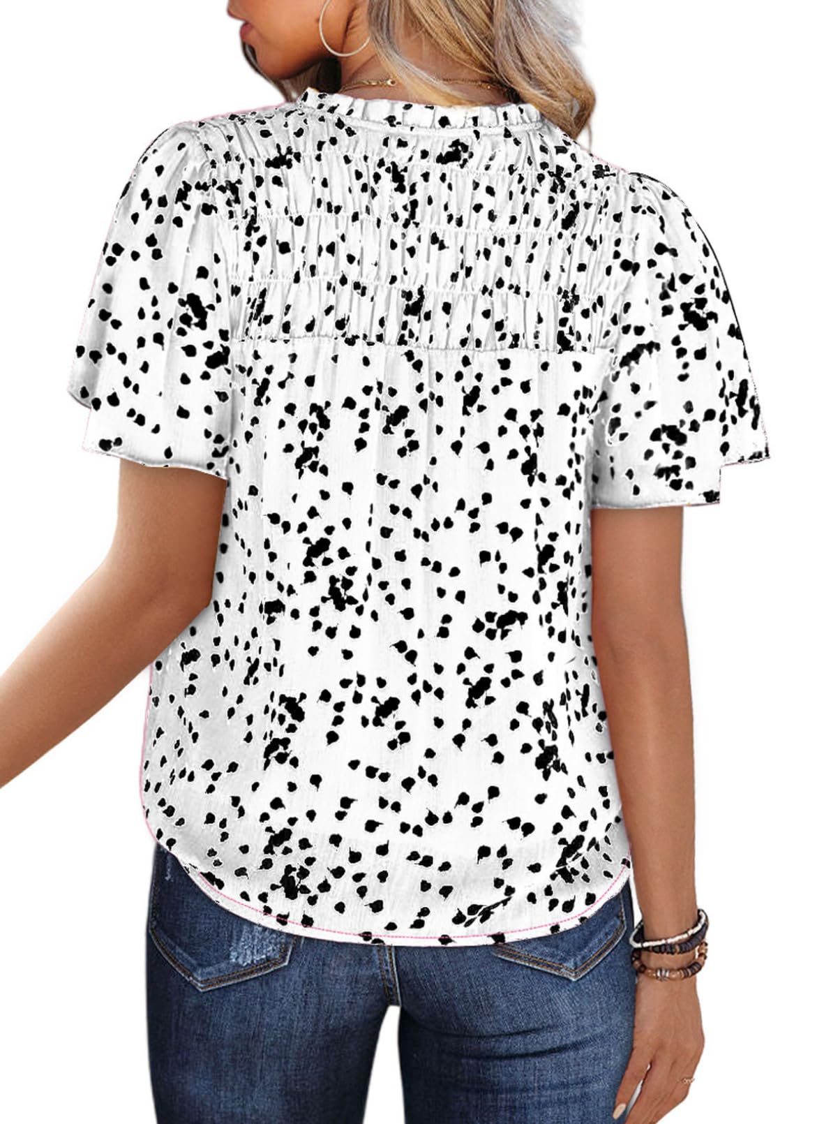 Women's Casual V Neck Floral Print Smocked Short Sleeve Chiffon Blouses Bohemian Top Shirts
