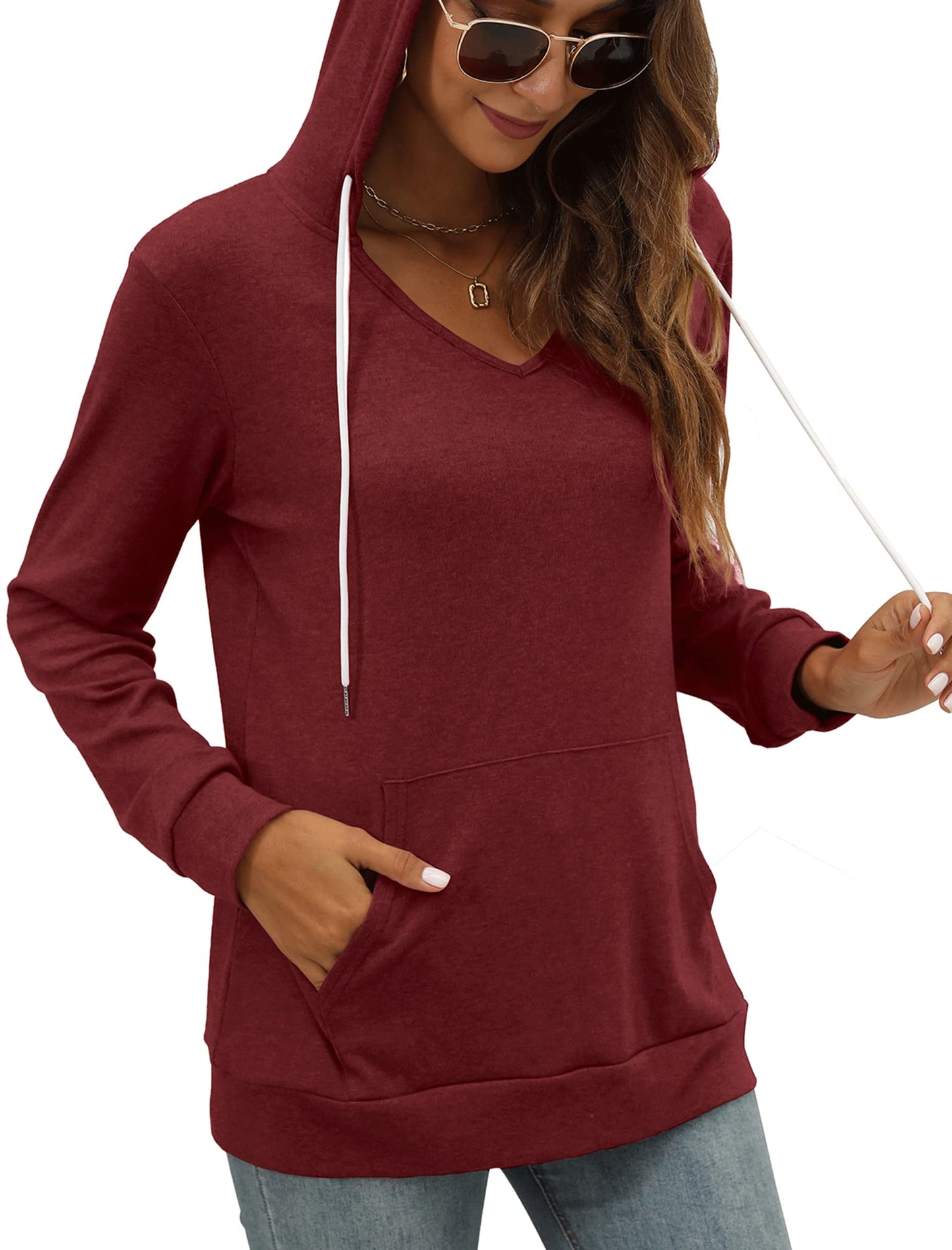 Pocket Hoodies for Womens V Neck Lightweight Sweatshirts Long Sleeve Tops