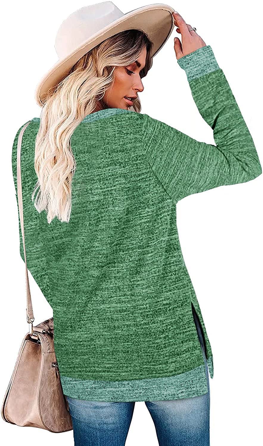 Womens Crewneck Pullovers Color Block Long Sleeve Side Split Tunic Tops