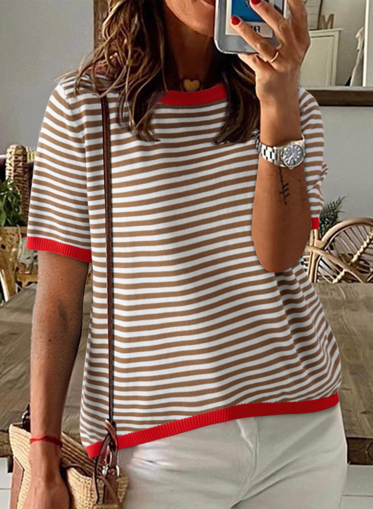 Womens Tops CasualCrewneck Short Sleeve Striped Color Block Knit Trendy Pullover Sweaters