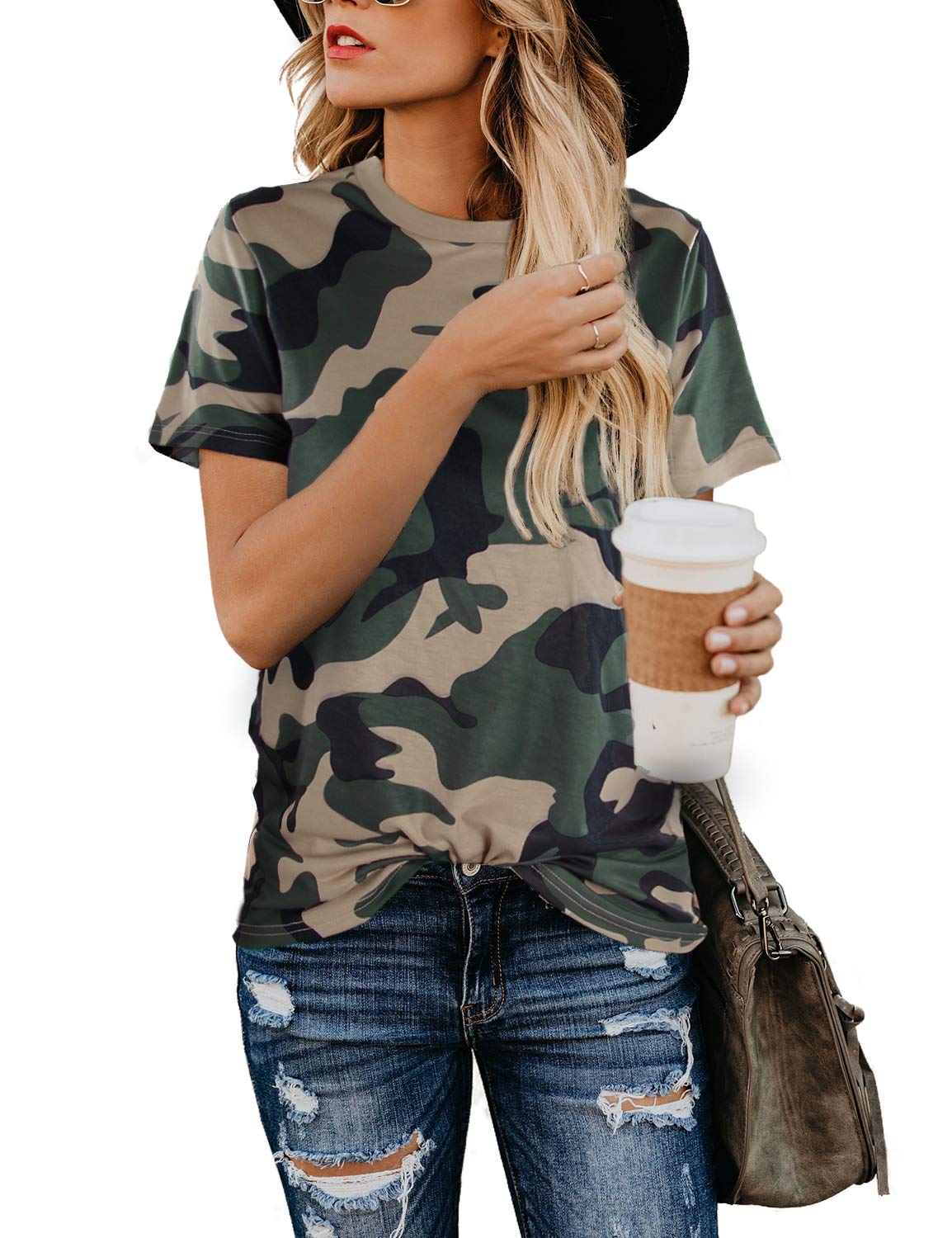 Womens Leopard Print Tops Short Sleeve Round Neck Casual T Shirts Tees