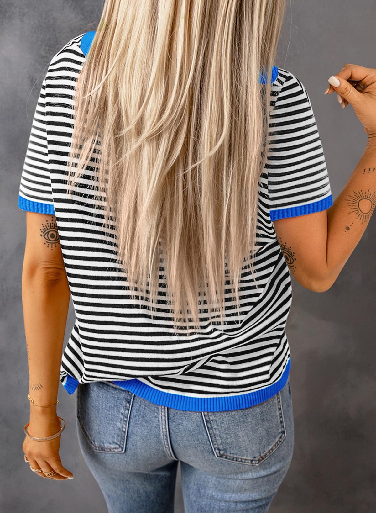 Womens Tops CasualCrewneck Short Sleeve Striped Color Block Knit Trendy Pullover Sweaters
