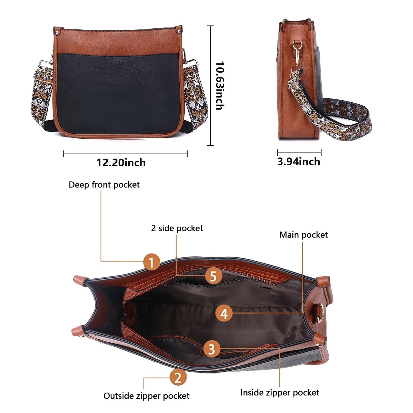 Vegan Leather Crossbody Bags for Women, Crossbody Purse with Guitar Strap Zipped Pockets Handbag