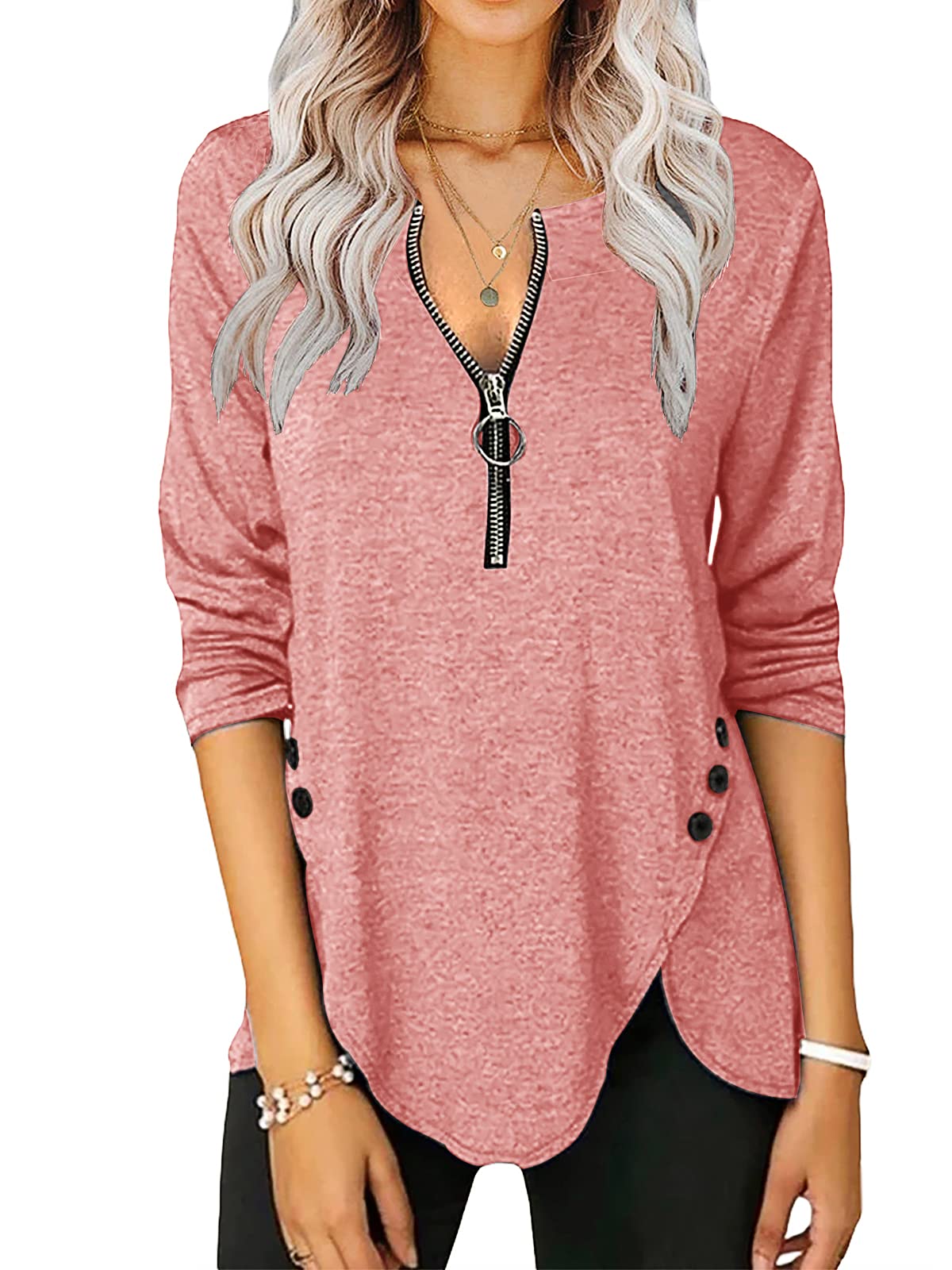 Womens Casual Long Sleeve Tunic Shirts Round Neck Button Side Blouses Tops