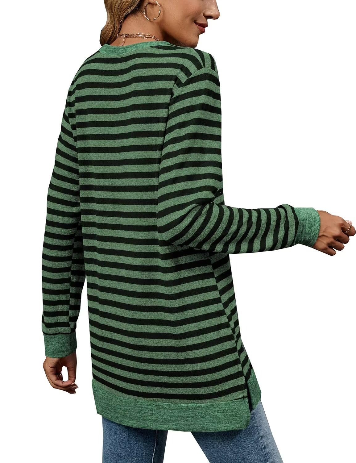 Womens Crewneck Pullovers Color Block Long Sleeve Side Split Tunic Tops