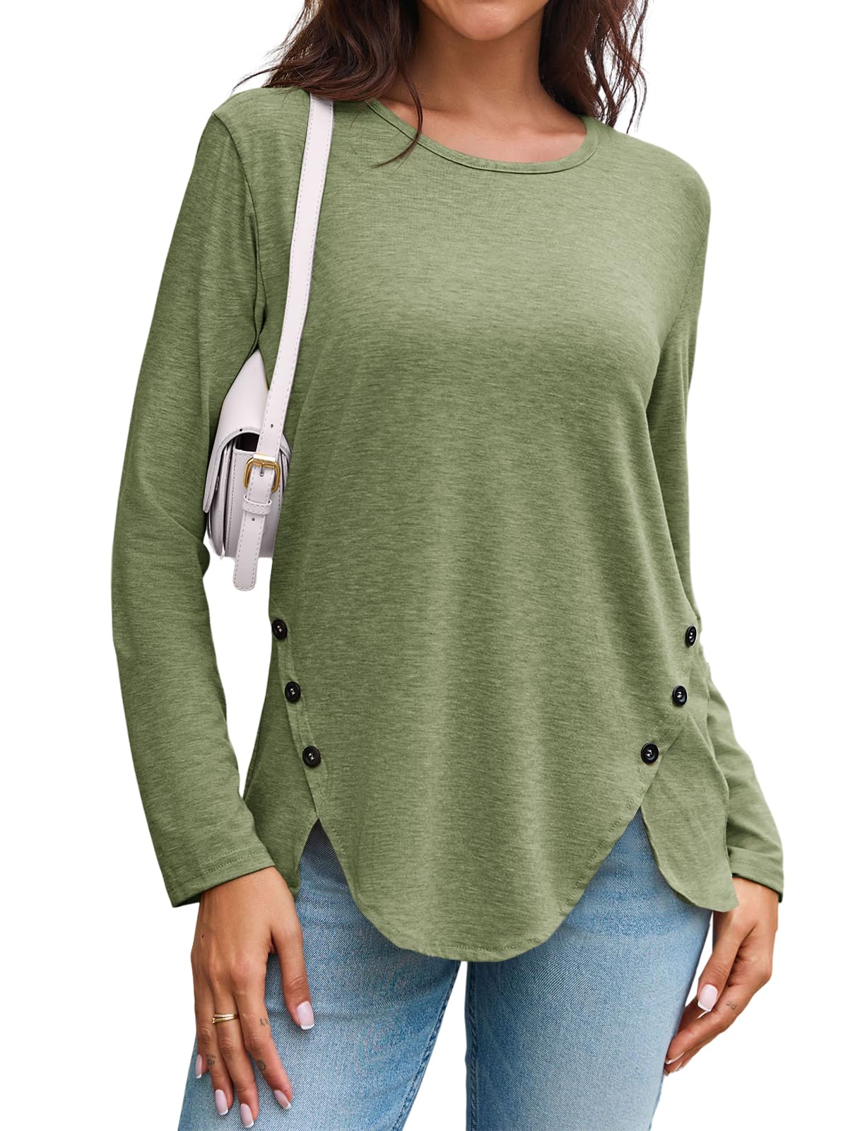 Womens Casual Long Sleeve Tunic Shirts Round Neck Button Side Blouses Tops