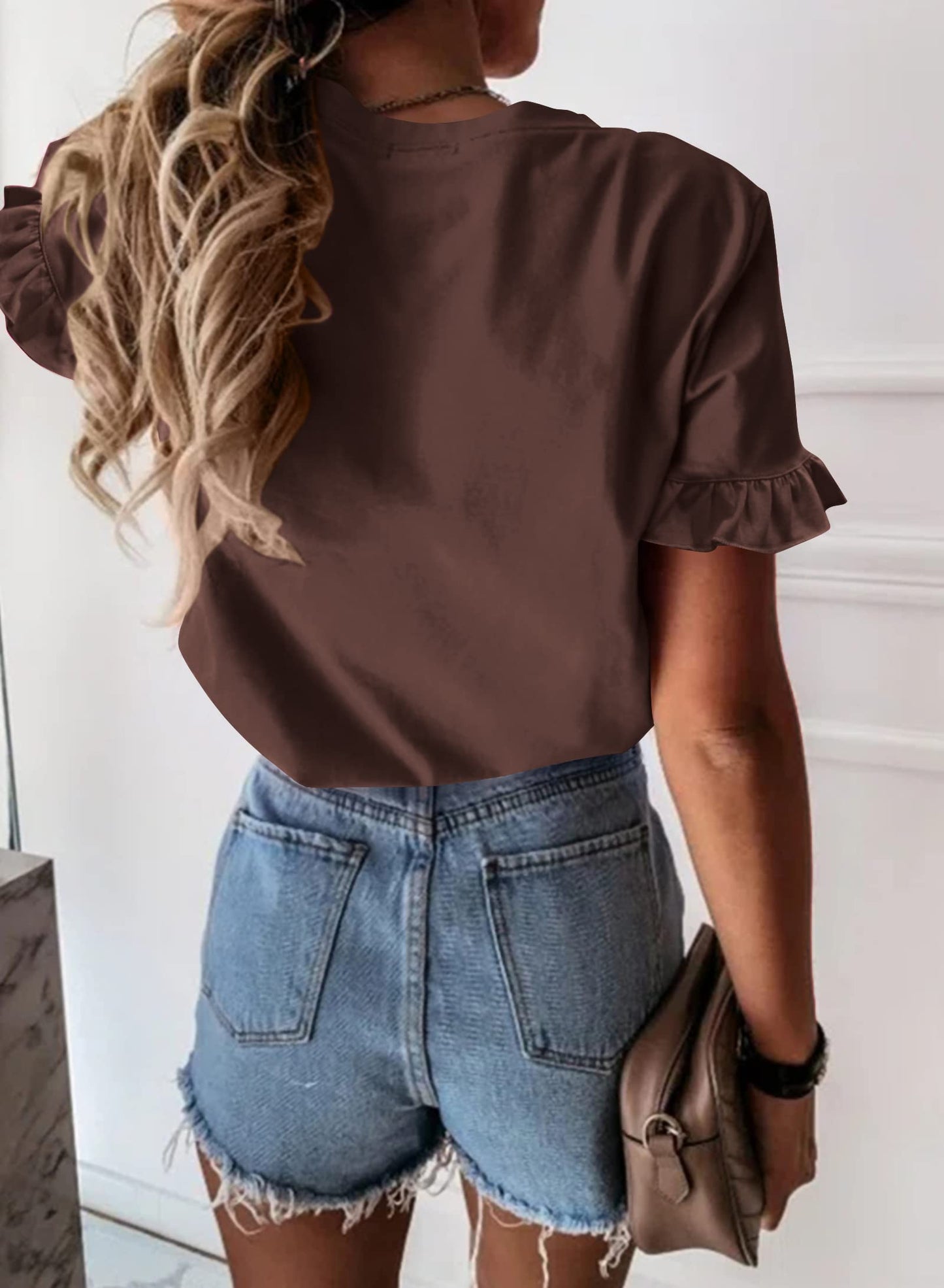 Women's Short Sleeve Casual T Shirts Summer Ruffle Plain Round Neck Loose Fit Tee Blouse Tops