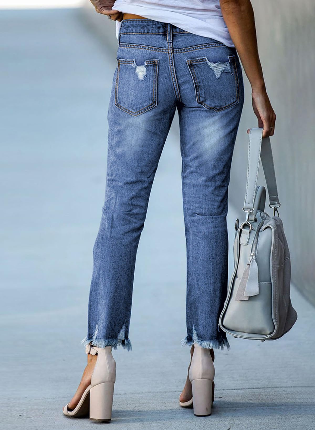 Women's Ripped Jeans Straight Leg Distressed Boyfriend Denim Pants