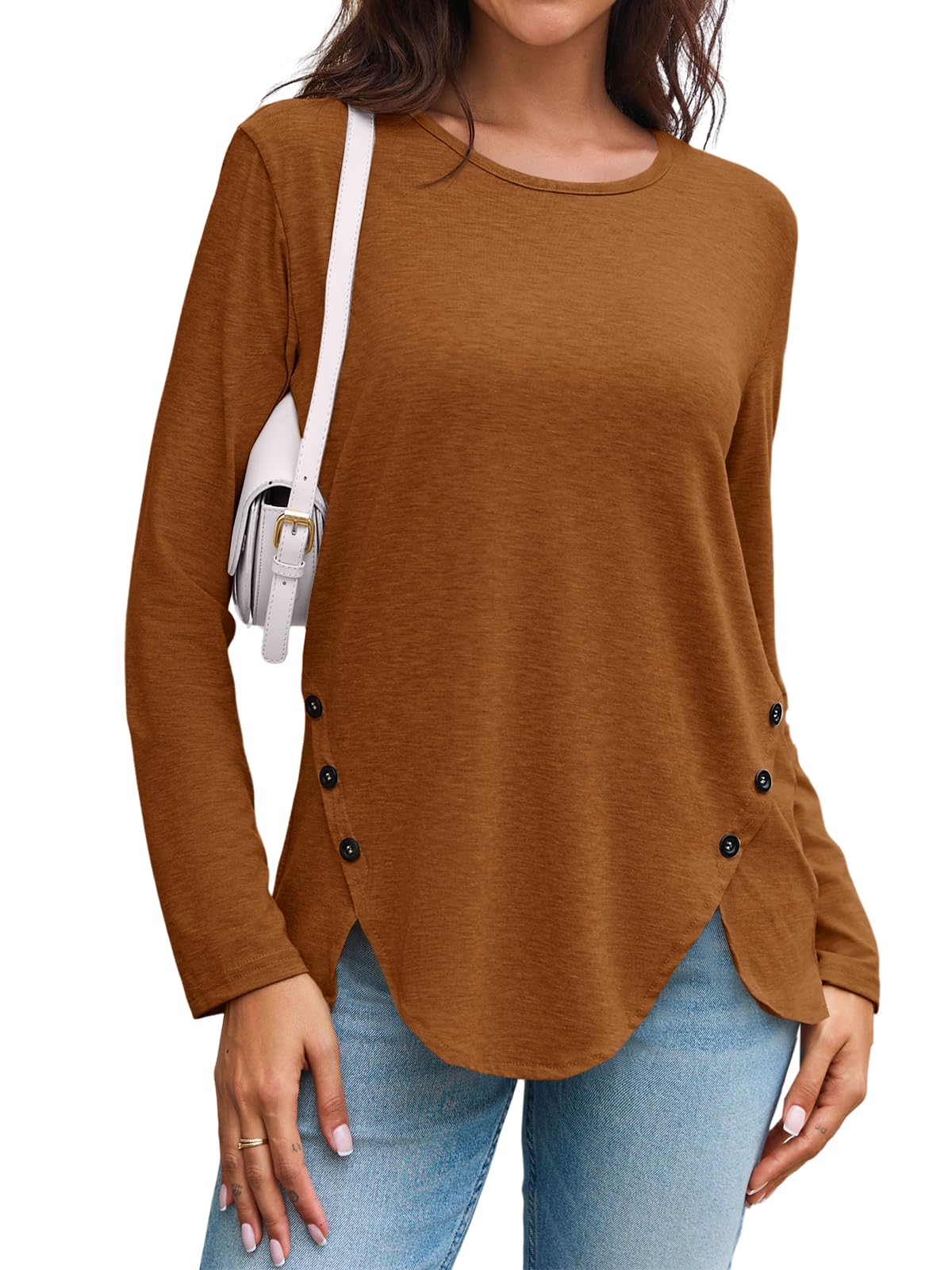 Womens Casual Long Sleeve Tunic Shirts Round Neck Button Side Blouses Tops