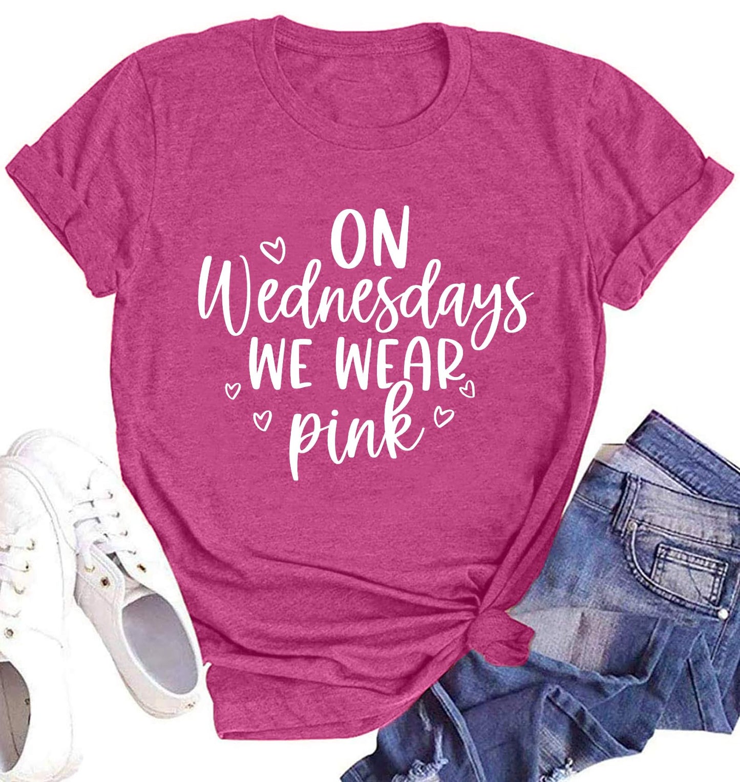 On Wednesday We Wear Pink Shirt Women Breast Cancer T Shirt Short Sleeve Print Tees Gifts for Girls Matching Outfits Top