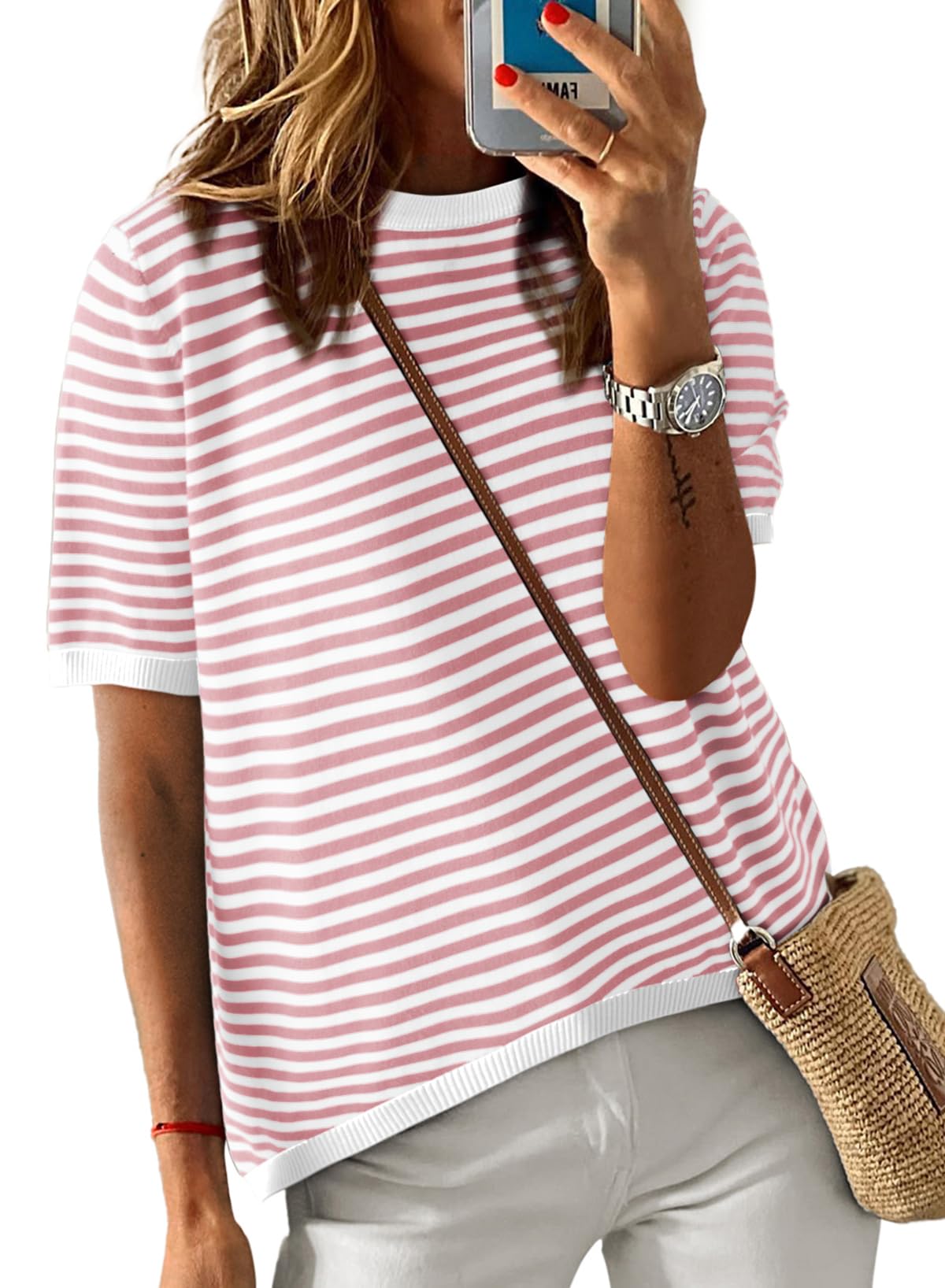 Womens Tops CasualCrewneck Short Sleeve Striped Color Block Knit Trendy Pullover Sweaters