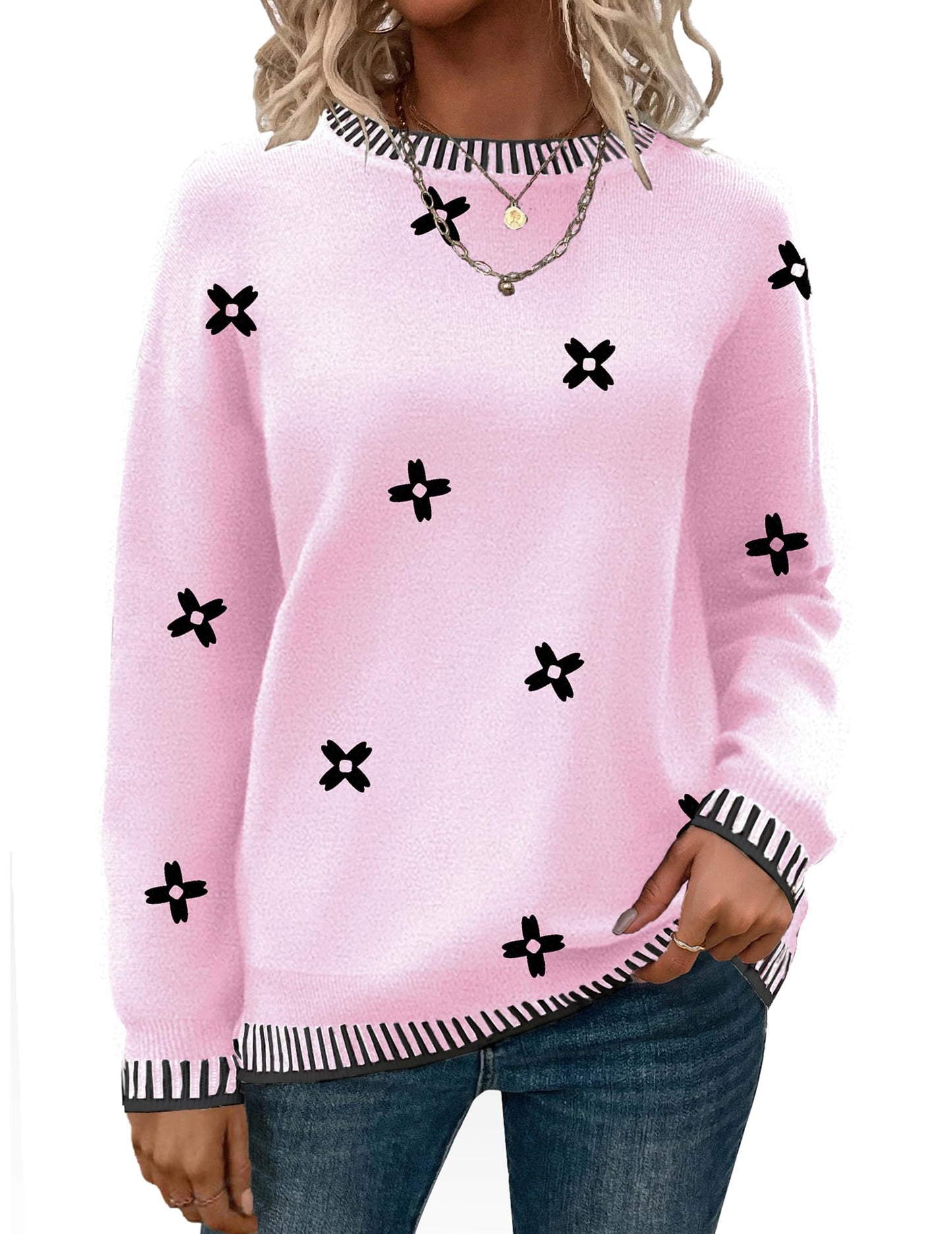 Womens Crewneck Pullover Sweater Long Sleeve Knit Side Slit