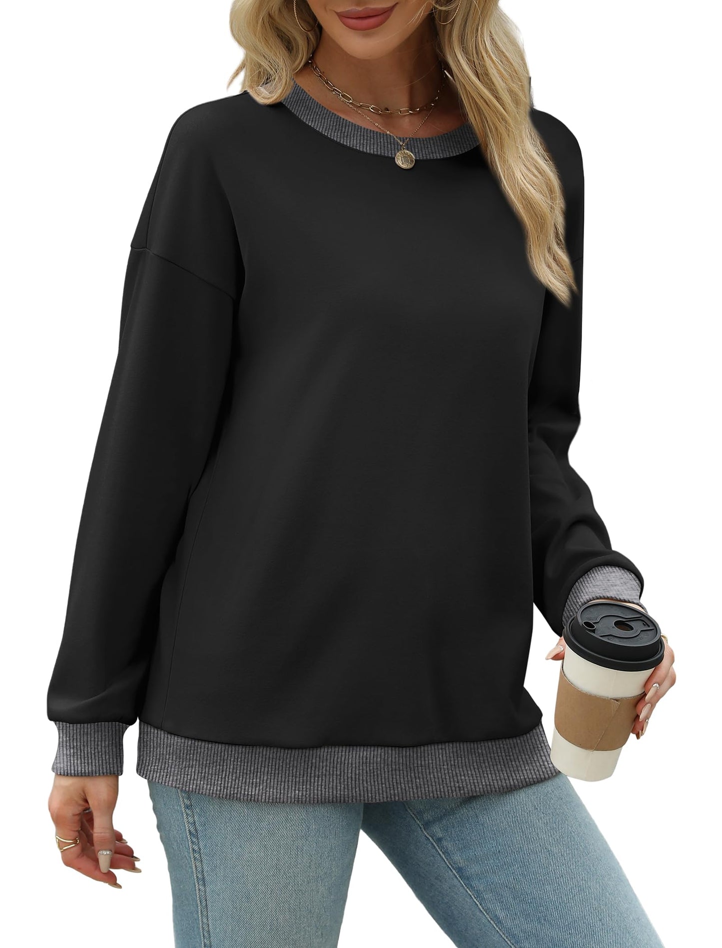 Sweatshirts for Women Crewneck Long Sleeve Loose Fit Tops Color Block Ribbed Trim Fashion