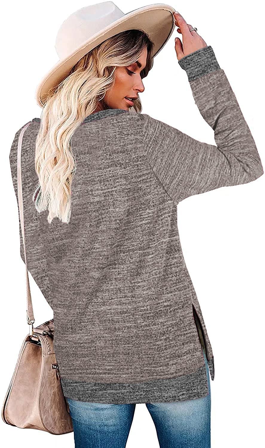 Womens Crewneck Pullovers Color Block Long Sleeve Side Split Tunic Tops