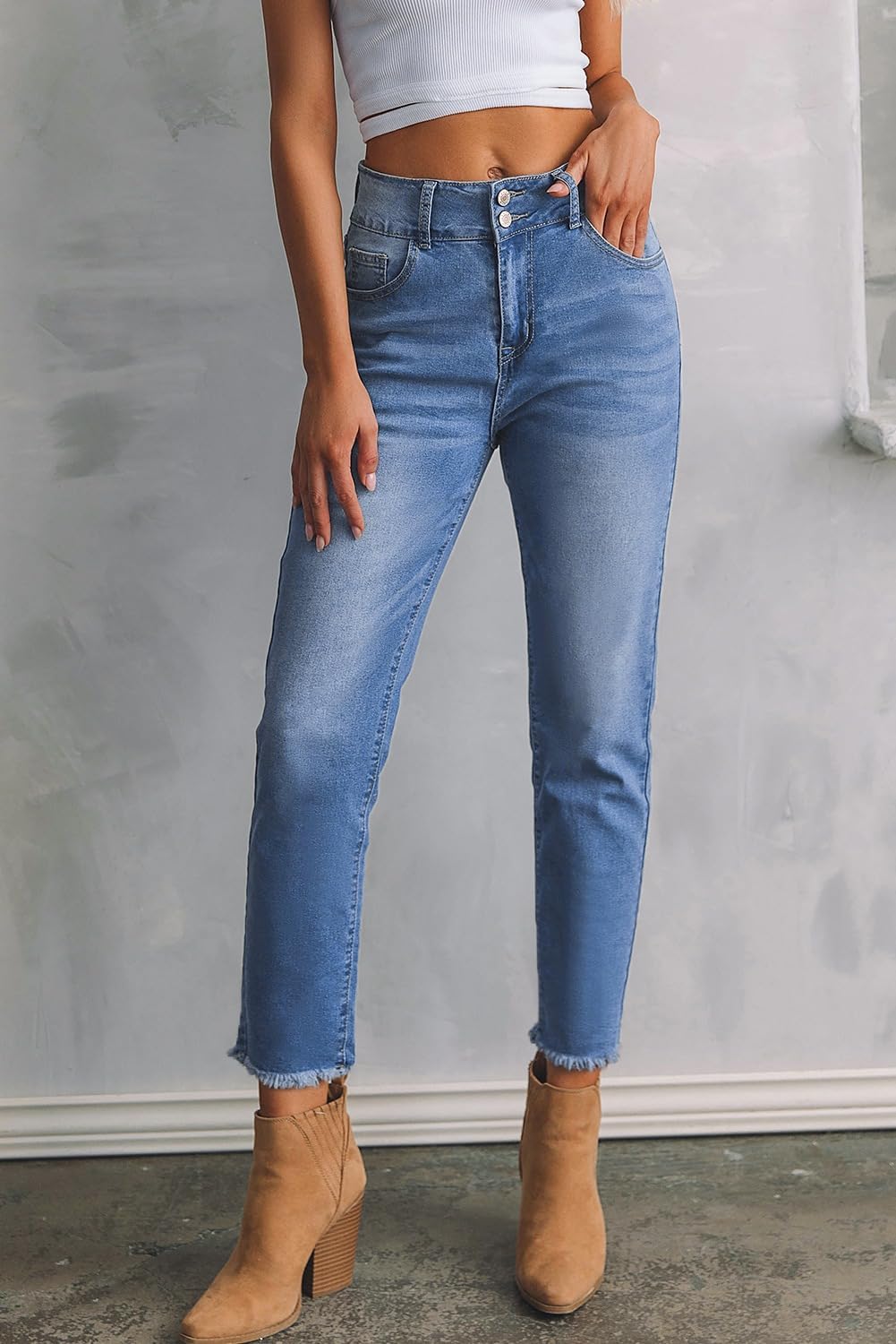 Women's High Waisted Jeans Strechy Raw Hem Straight Leg Denim Pants with Pockets