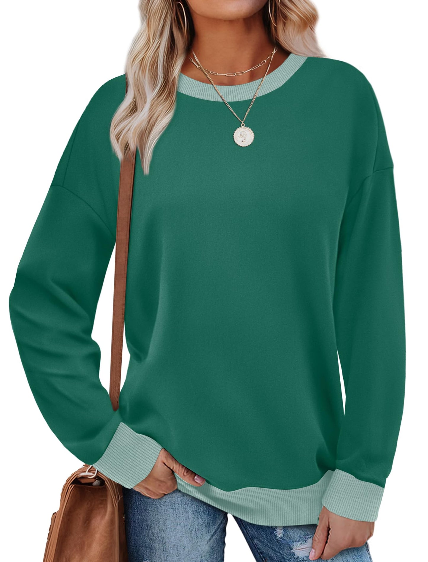 Sweatshirts for Women Crewneck Long Sleeve Loose Fit Tops Color Block Ribbed Trim Fashion
