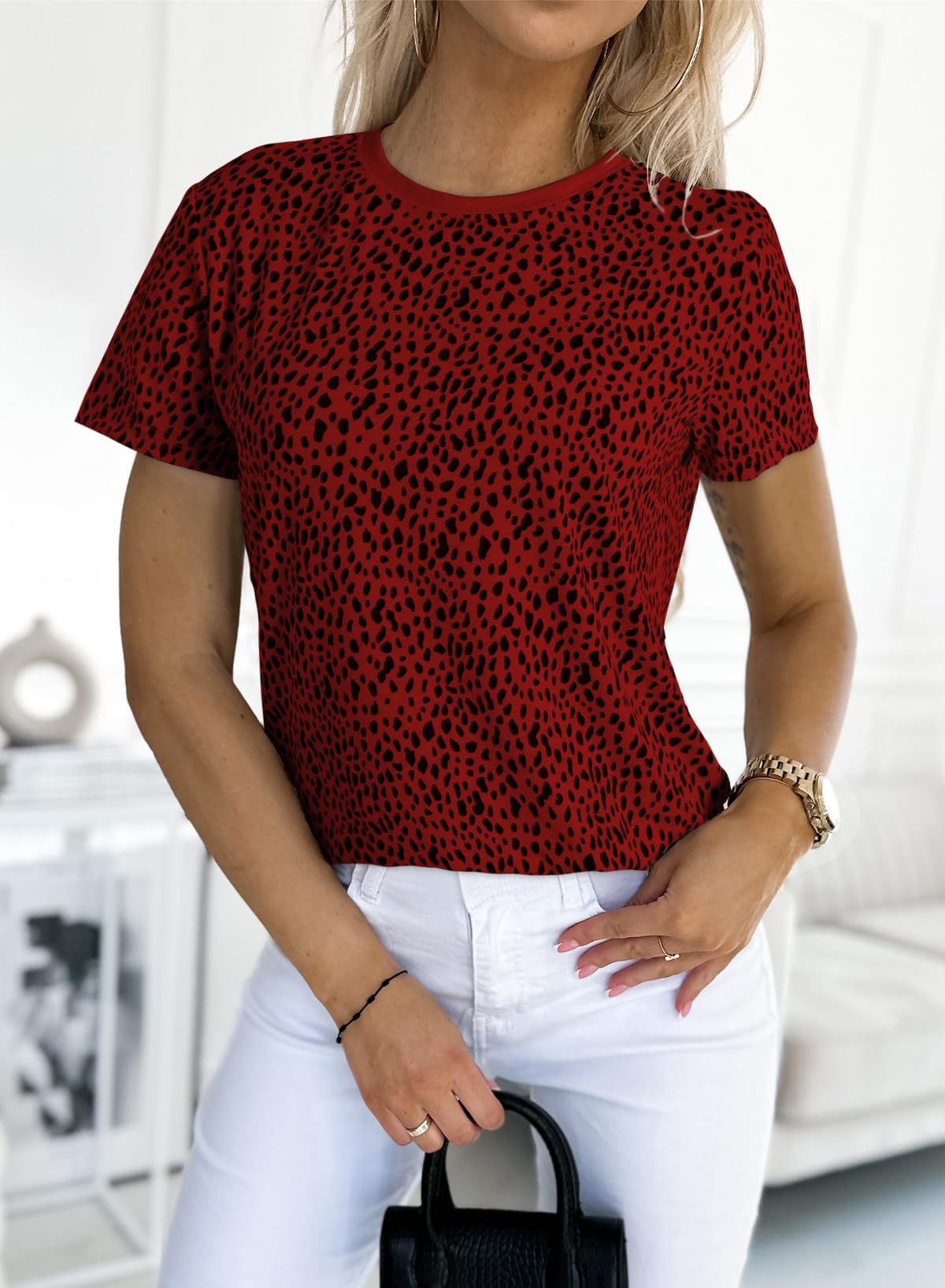 Womens Casual Polka Dot Tops Crewneck Short Sleeve T Shirts Fashion 2024 Spring Summer Loose Fit Shirts
