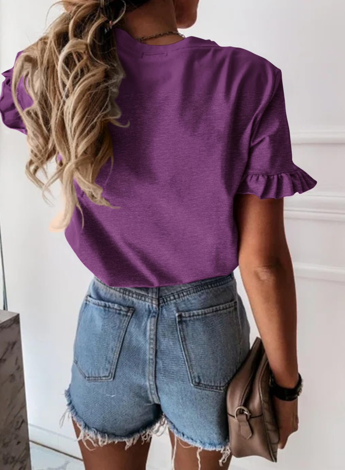 Women's Short Sleeve Casual T Shirts Summer Ruffle Plain Round Neck Loose Fit Tee Blouse Tops