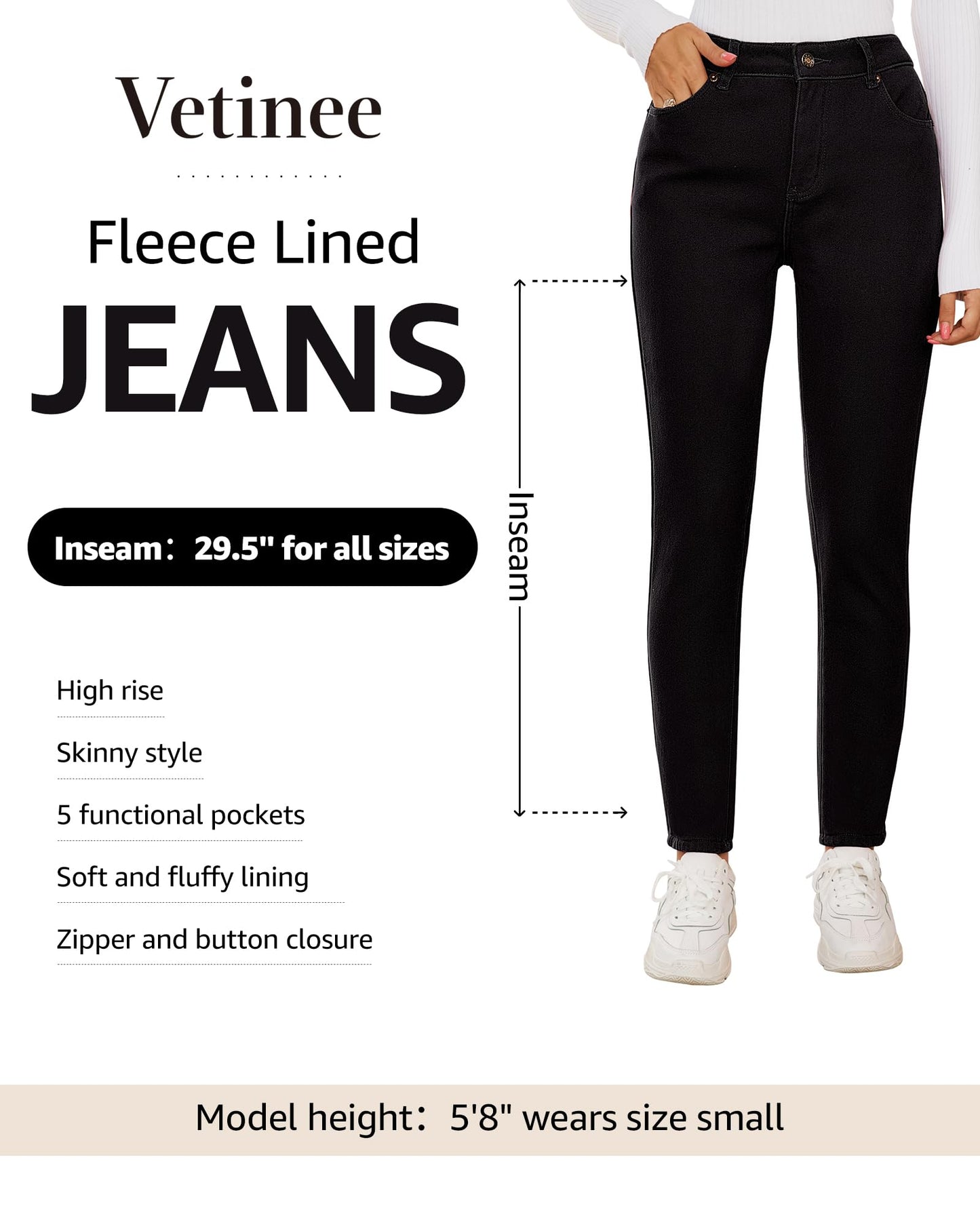 Vetinee Fleece Lined Jeans for Women High Waisted Skinny Winter Warm Slim Fit Thermal Jean Pants Stretchy Denim Jeggings