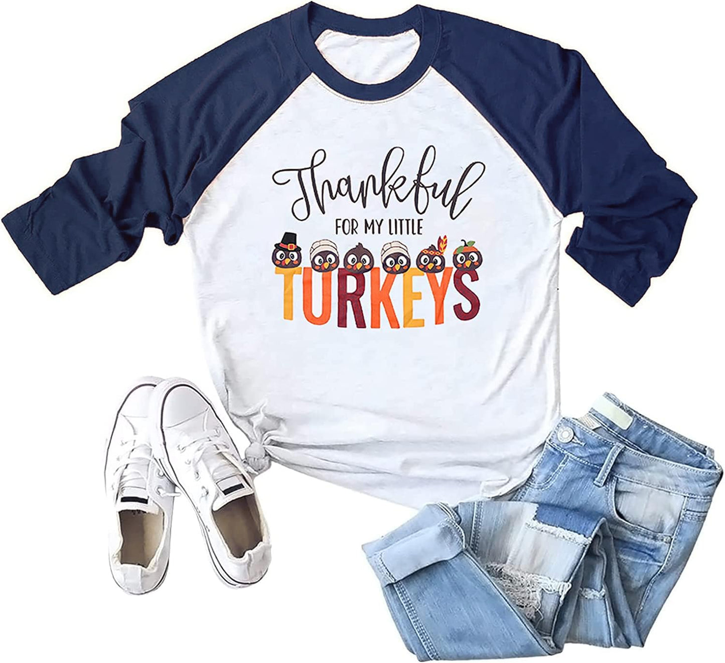 Thankful for My Little Turkeys Shirt Women Thanksgiving Tshirt Cute Graphic Raglan 3/4 Sleeve Baseball Tee Tops