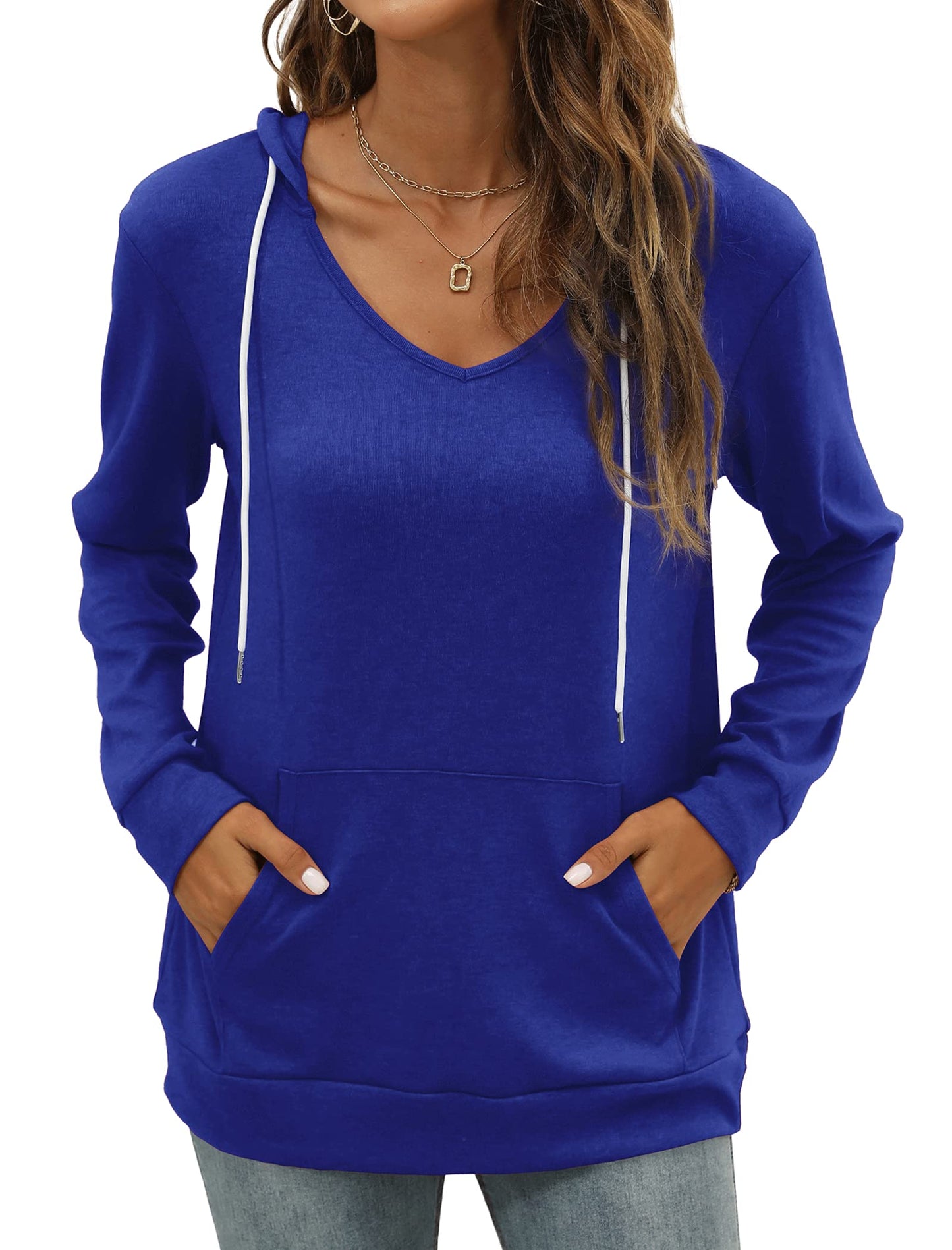Pocket Hoodies for Womens V Neck Lightweight Sweatshirts Long Sleeve Tops