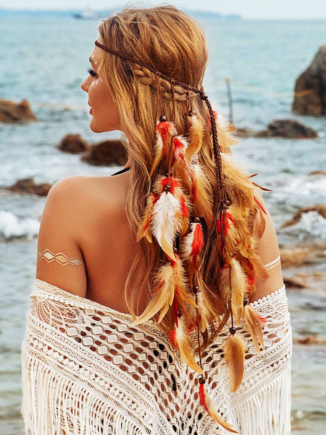 GORTIN Boho Feather Headband Gypsy Headpiece Headdress Bohemian Hippie Headbands Indian Festival Hair Band Adjust Long Feather Hair Accessories for Women and Girls (Black+Green)