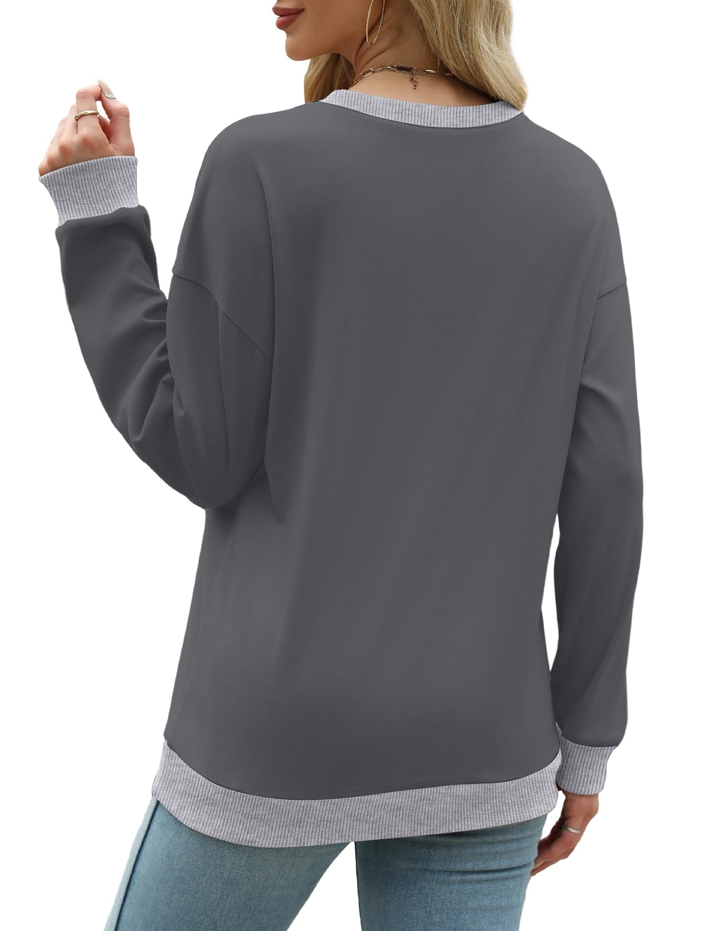 Sweatshirts for Women Crewneck Long Sleeve Loose Fit Tops Color Block Ribbed Trim Fashion