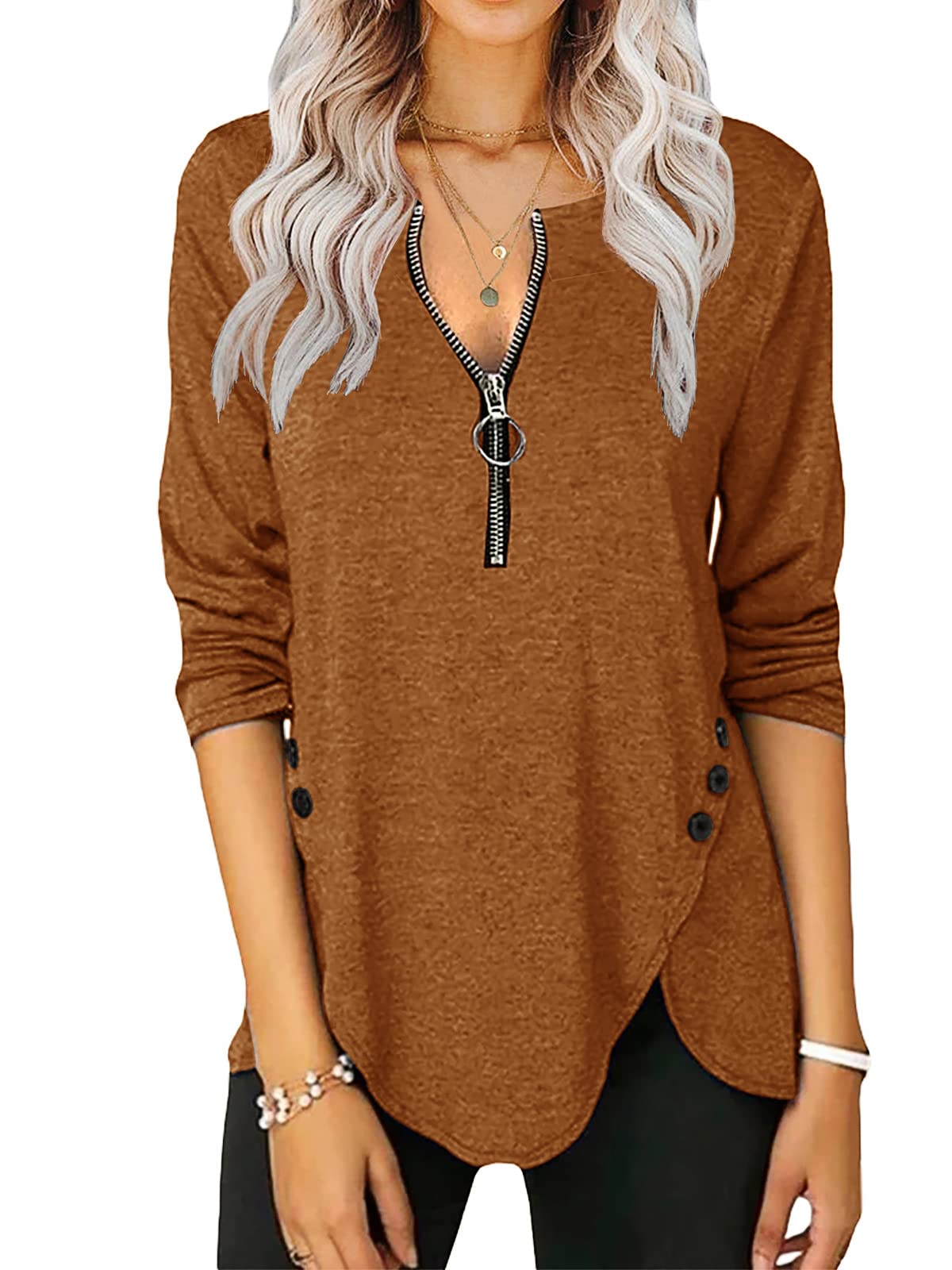 Womens Casual Long Sleeve Tunic Shirts Round Neck Button Side Blouses Tops