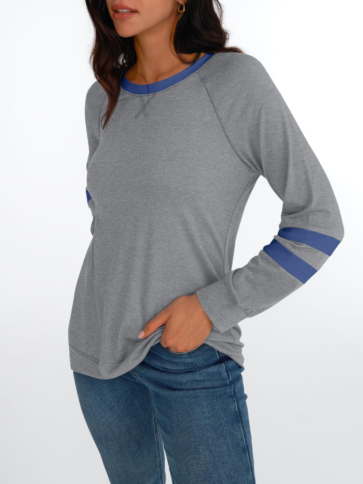 Womens Long Sleeve Shirts Color Block Casual Crewneck Tops Tshirt Basic Tees Fashion Clothes Trendy Outfits
