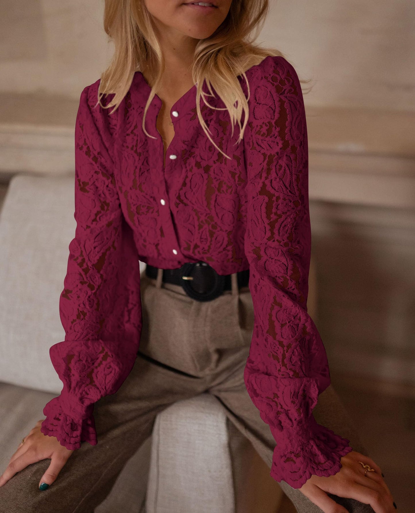 Women's Dressy Casual Lace Blouse Long Sleeve Button Up Shirts Tops