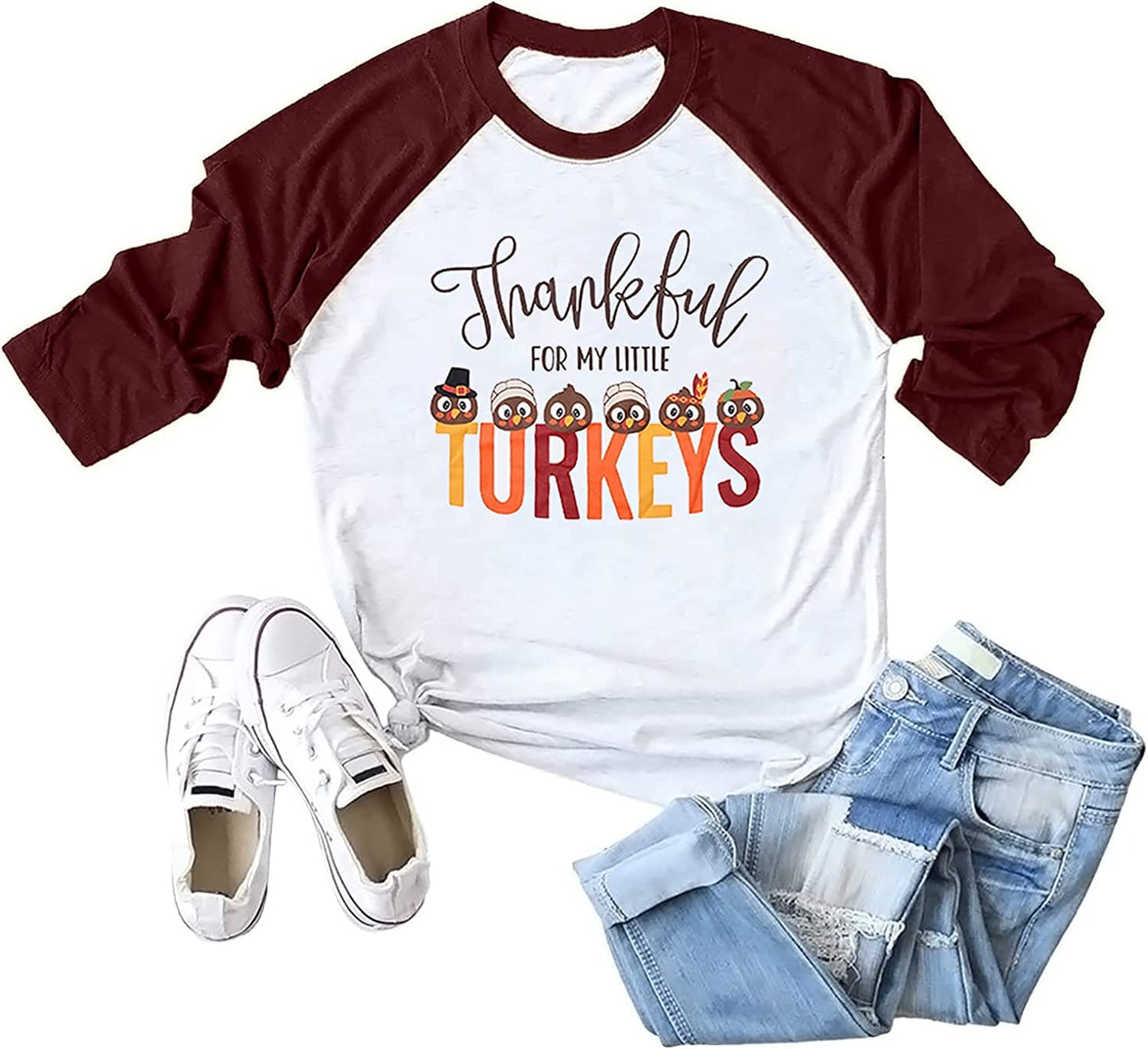 Thankful for My Little Turkeys Shirt Women Thanksgiving Tshirt Cute Graphic Raglan 3/4 Sleeve Baseball Tee Tops