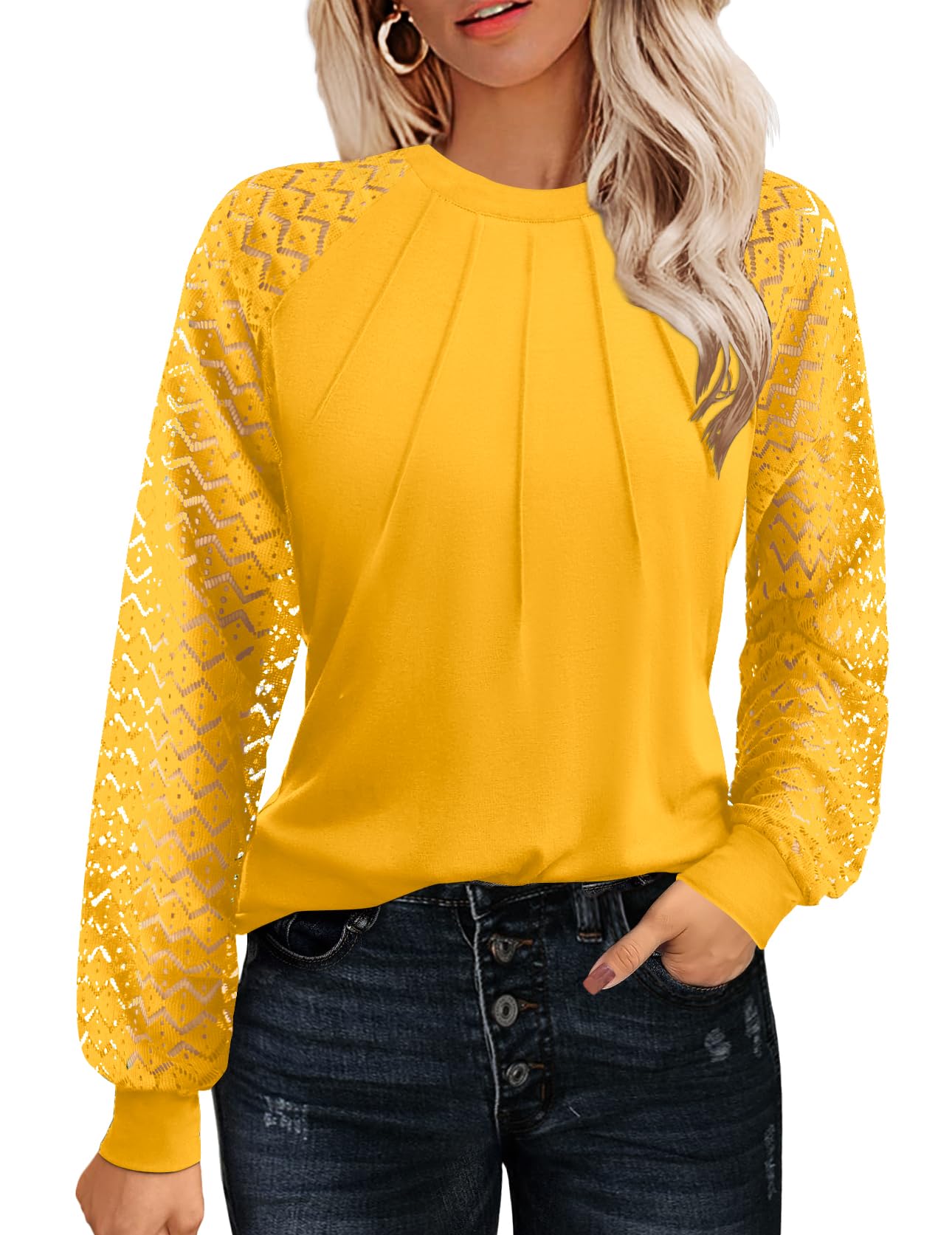 Women's Lace Long Sleeve Tops Dressy Business Casual Blouses Front Pleated Work Shirts