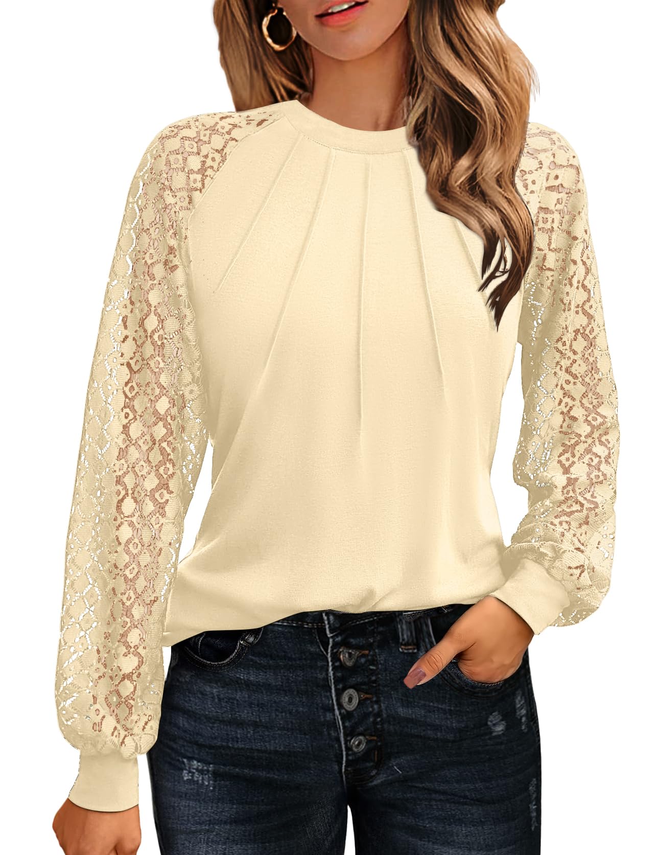 Women's Lace Long Sleeve Tops Dressy Business Casual Blouses Front Pleated Work Shirts