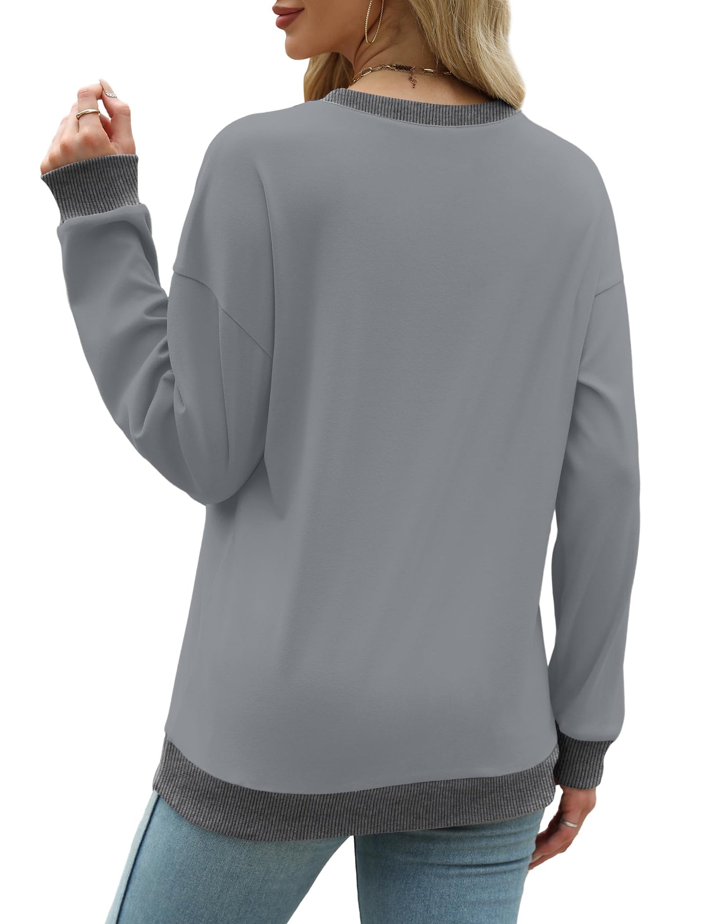Sweatshirts for Women Crewneck Long Sleeve Loose Fit Tops Color Block Ribbed Trim Fashion
