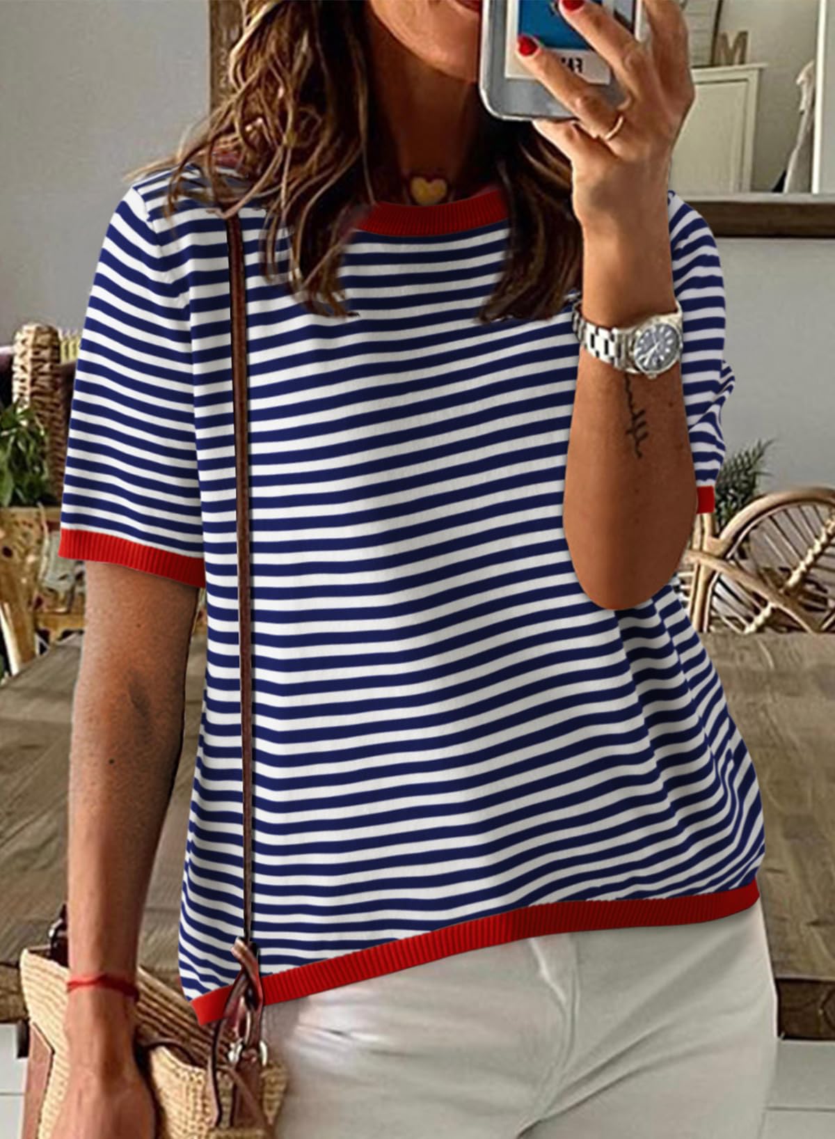 Womens Tops CasualCrewneck Short Sleeve Striped Color Block Knit Trendy Pullover Sweaters