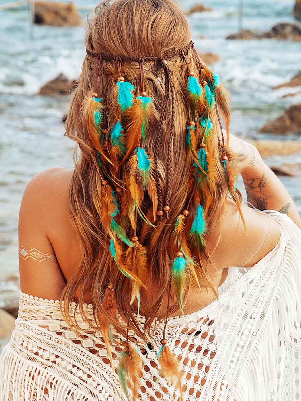 GORTIN Boho Feather Headband Gypsy Headpiece Headdress Bohemian Hippie Headbands Indian Festival Hair Band Adjust Long Feather Hair Accessories for Women and Girls (Black+Green)