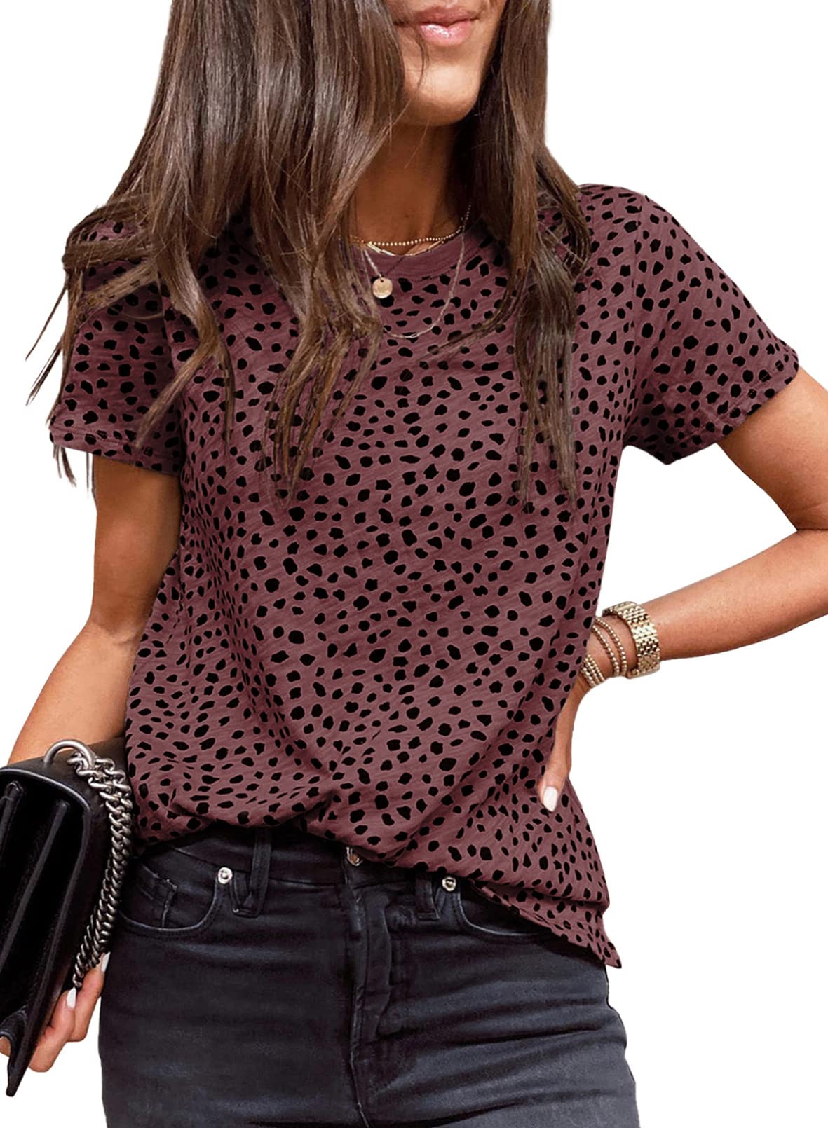 Womens Casual Polka Dot Tops Crewneck Short Sleeve T Shirts Fashion 2024 Spring Summer Loose Fit Shirts