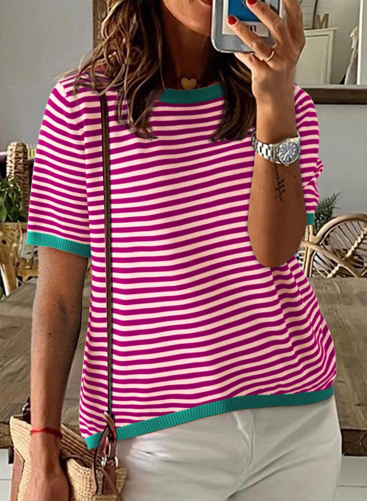 Womens Tops CasualCrewneck Short Sleeve Striped Color Block Knit Trendy Pullover Sweaters